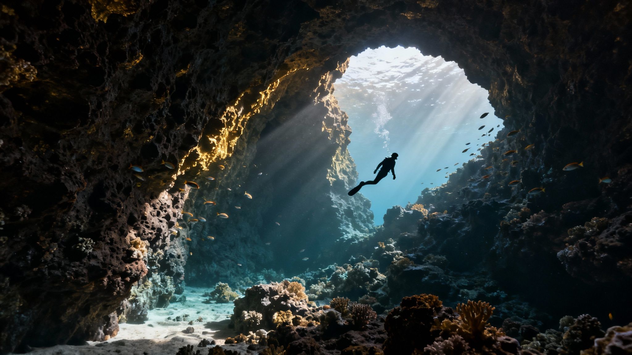 A diver swims through an underwater cave with sunlight streaming through the entrance, surrounded by fish and coral.
