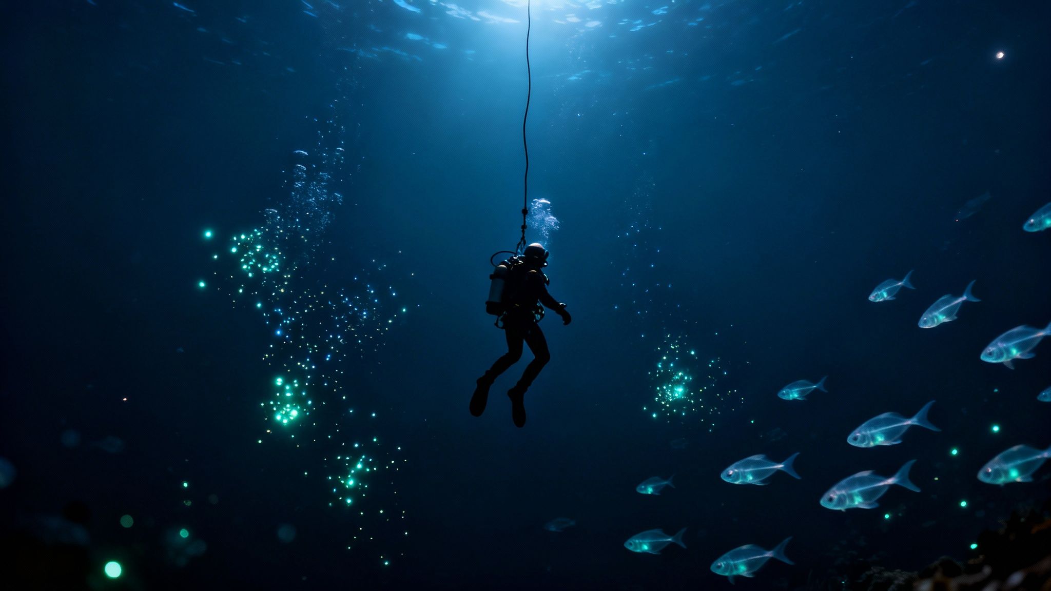 A bizarre, translucent larval fish floats in the deep, dark water during a Kona blackwater dive.