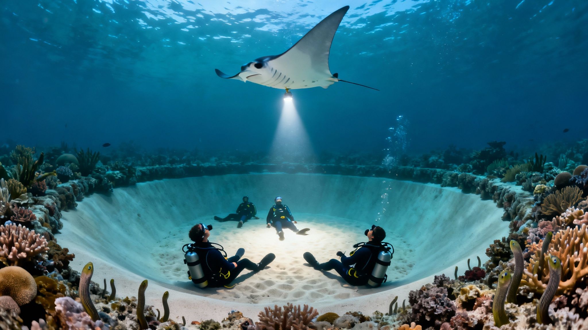 Scuba divers observe a majestic manta ray illuminating an underwater sandy crater at night.