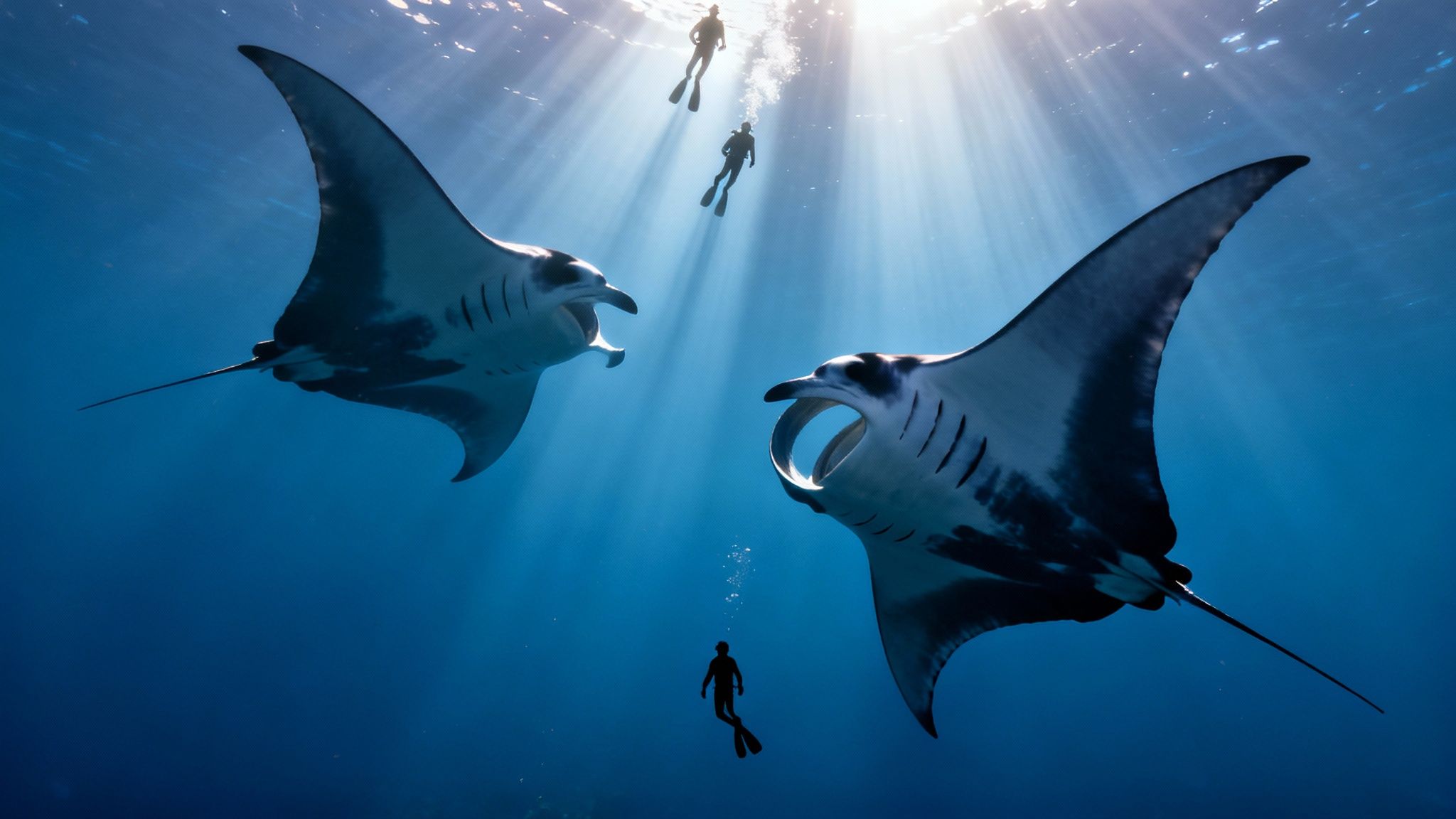 Two majestic manta rays swim gracefully with divers amidst stunning sunlit blue water.