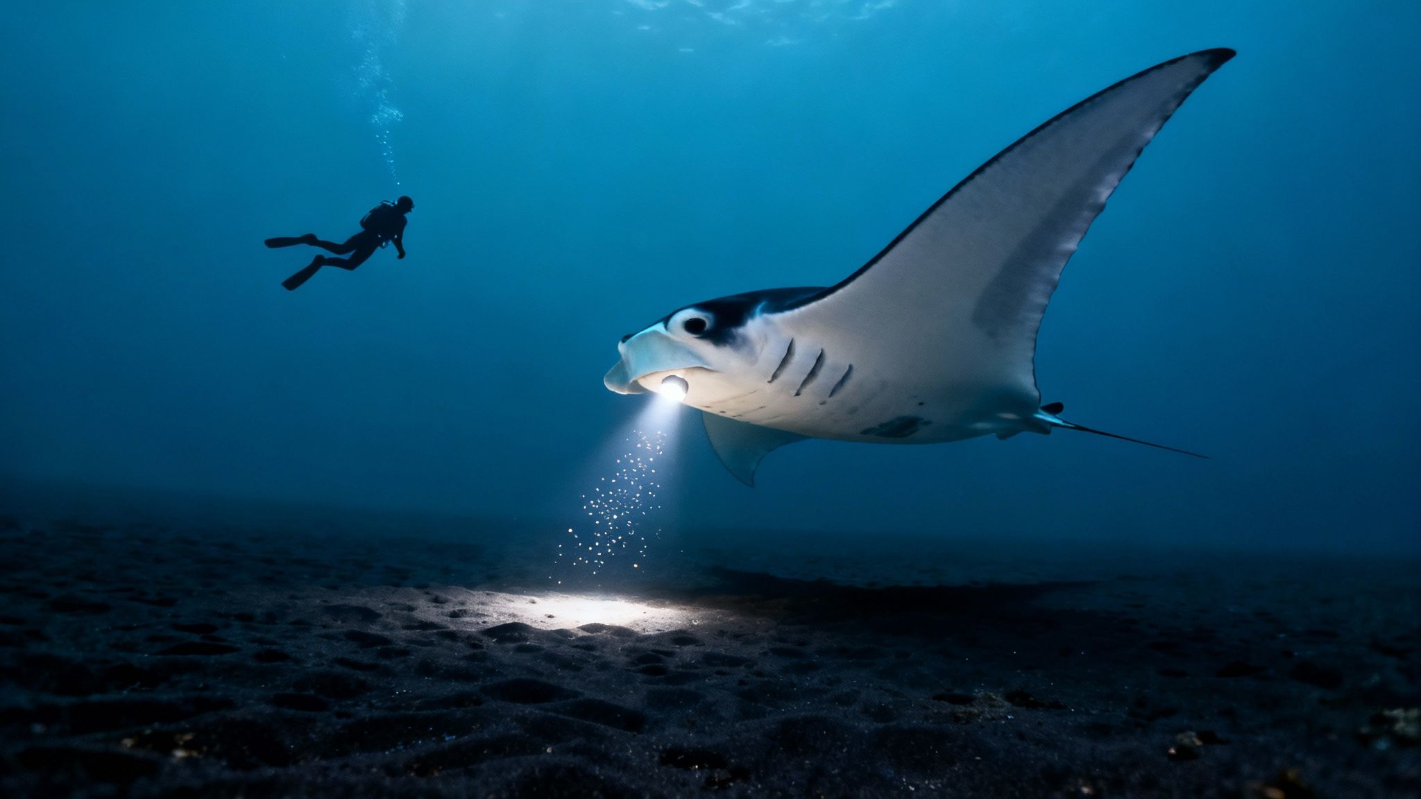 A diver watches a majestic manta ray feeding on illuminated plankton in the deep blue ocean.