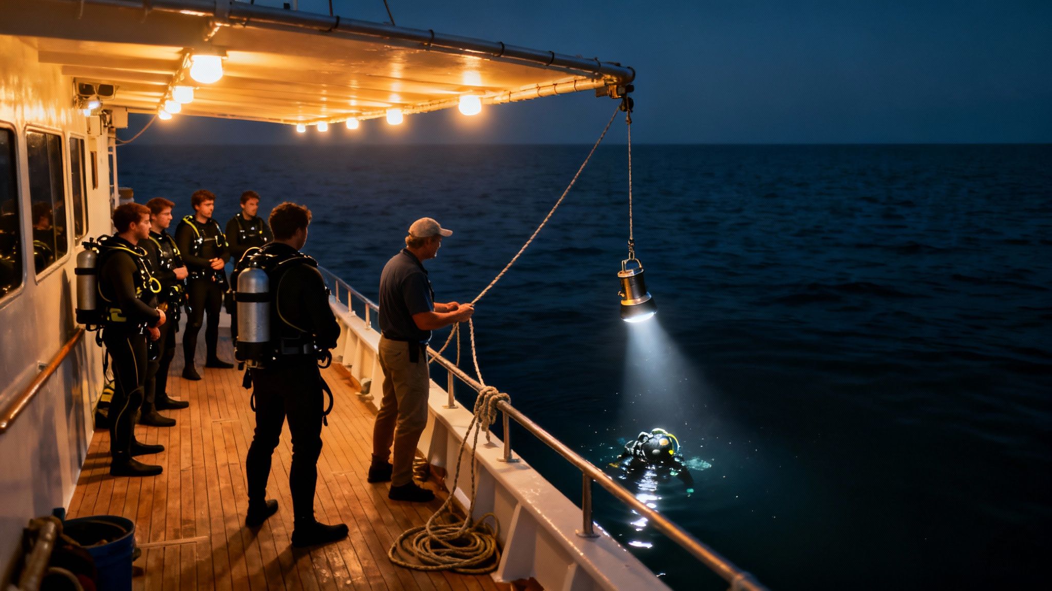 Divers prepare on a boat at night as a man lowers a light illuminating a diver in dark water.