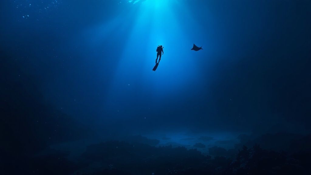 A manta ray swims gracefully over a group of scuba divers during a night dive in Kona.