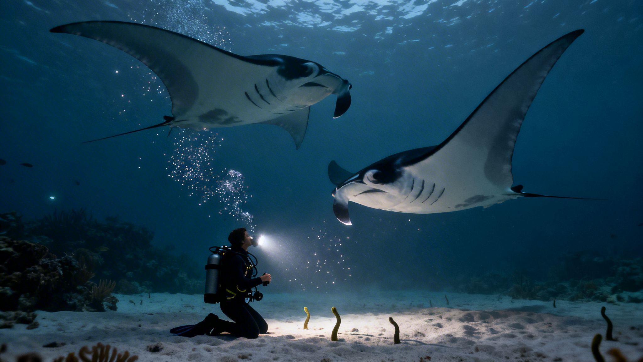 A scuba diver on the seafloor illuminates two manta rays swimming in the deep blue ocean.
