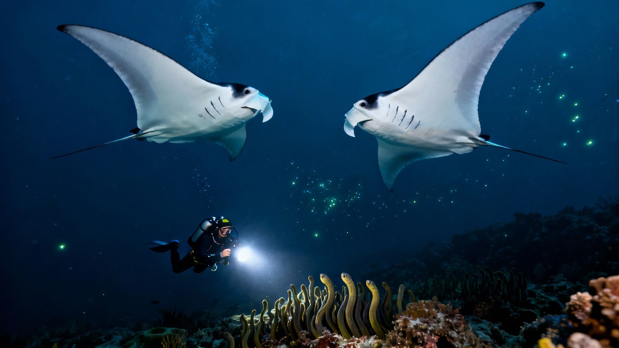 A scuba diver illuminates a coral reef with garden eels as two manta rays swim above.