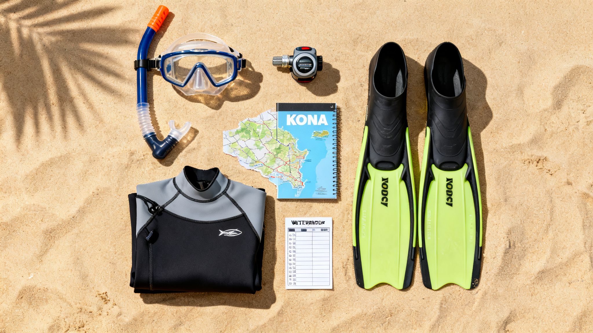 Snorkeling and diving gear, including fins, mask, snorkel, wetsuit, and map, laid on beach sand.