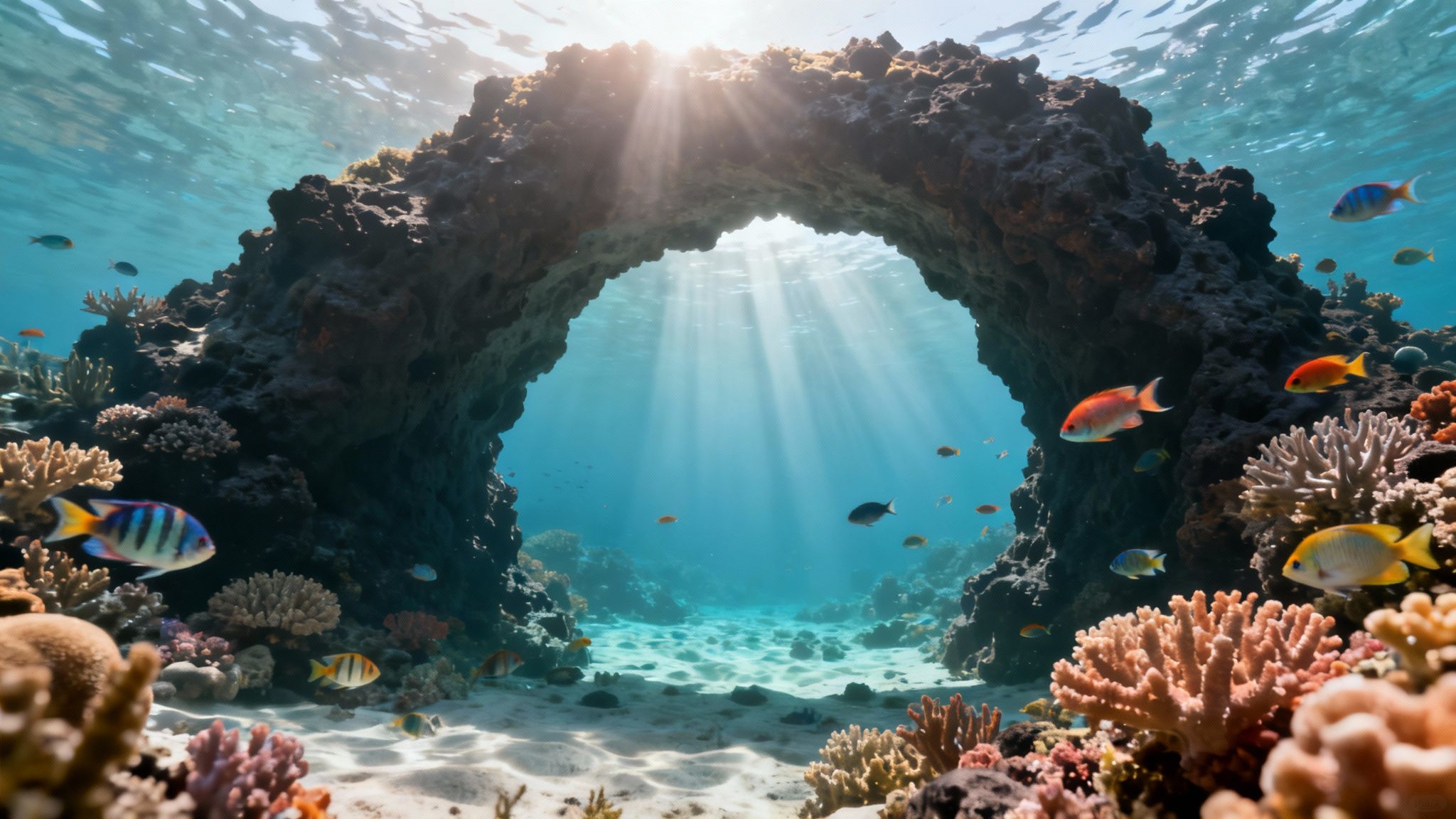 A vibrant coral reef with a lava tube arch on the Big Island.
