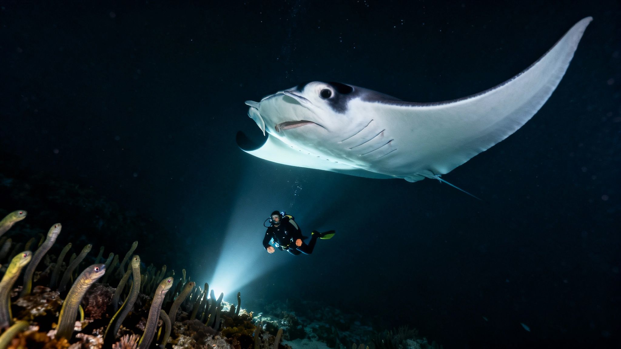 Underwater night dive: a diver lights up garden eels while a majestic manta ray swims overhead.