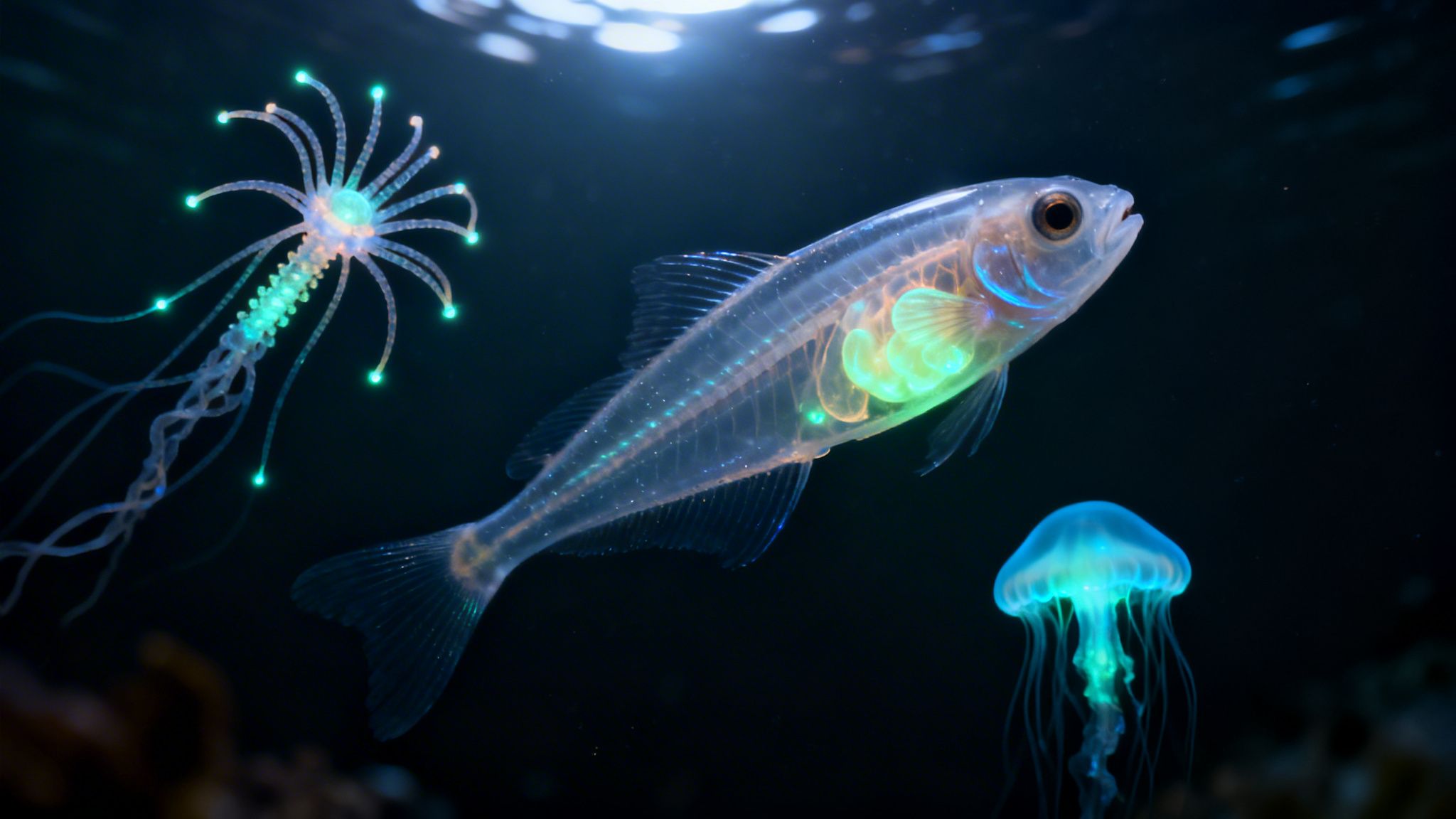 Bioluminescent deep-sea creatures, including a transparent fish, a hydroid, and a jellyfish, glow in dark water.