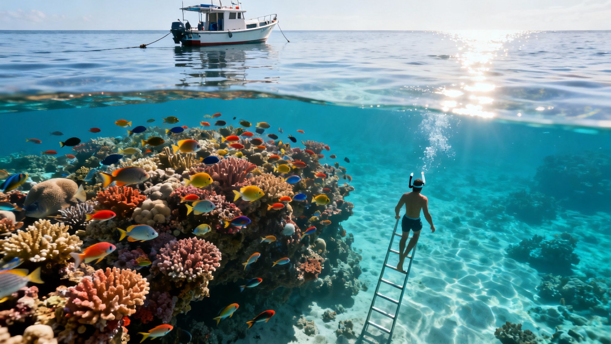 Split view: snorkeler descends a ladder into a vibrant coral reef with colorful fish and a boat above.