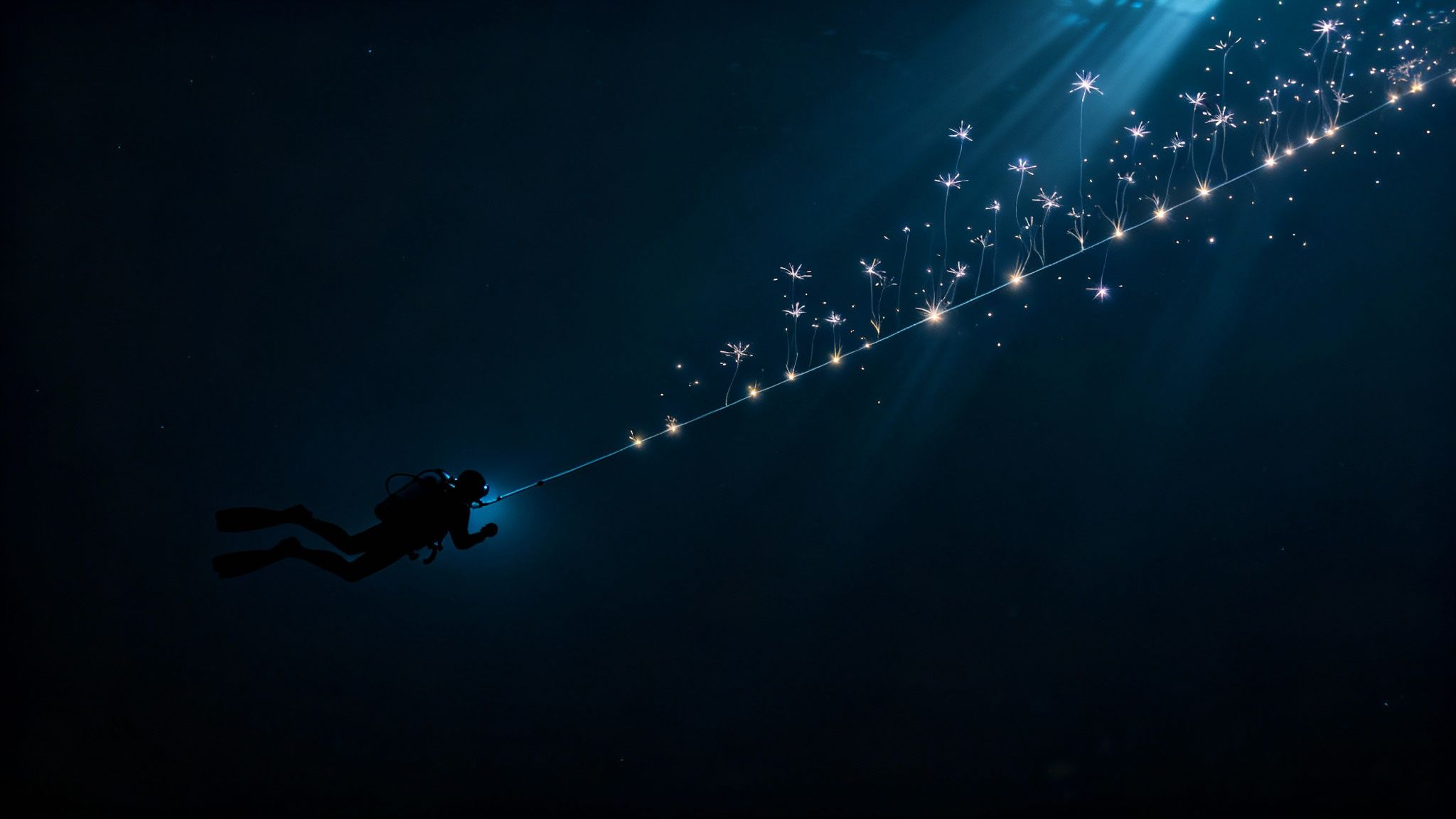 A scuba diver in dark blue water pulls a line of sparkling, bioluminescent lights towards the surface.