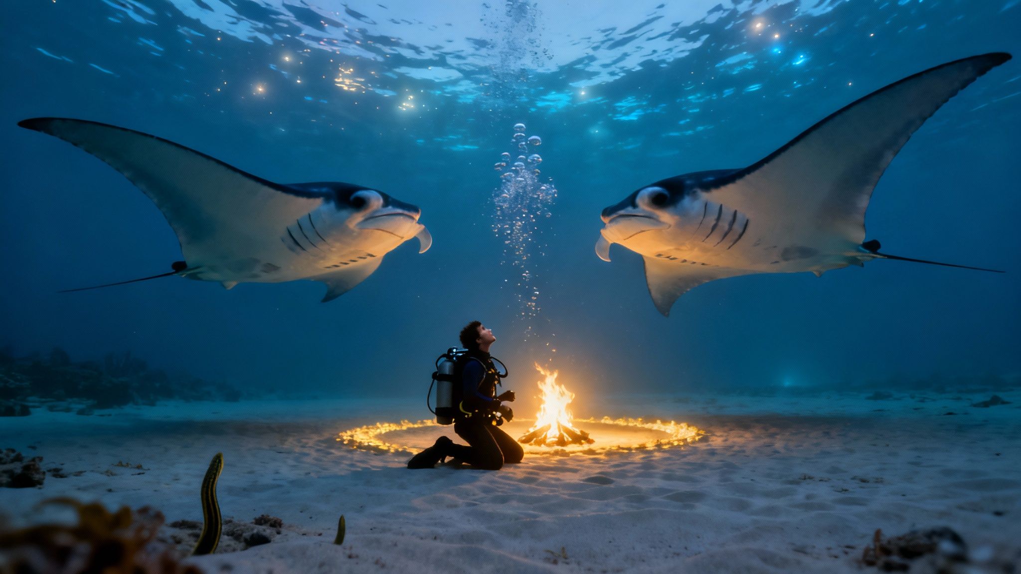 A scuba diver illuminates a massive manta ray swimming overhead during a night dive in Kona.
