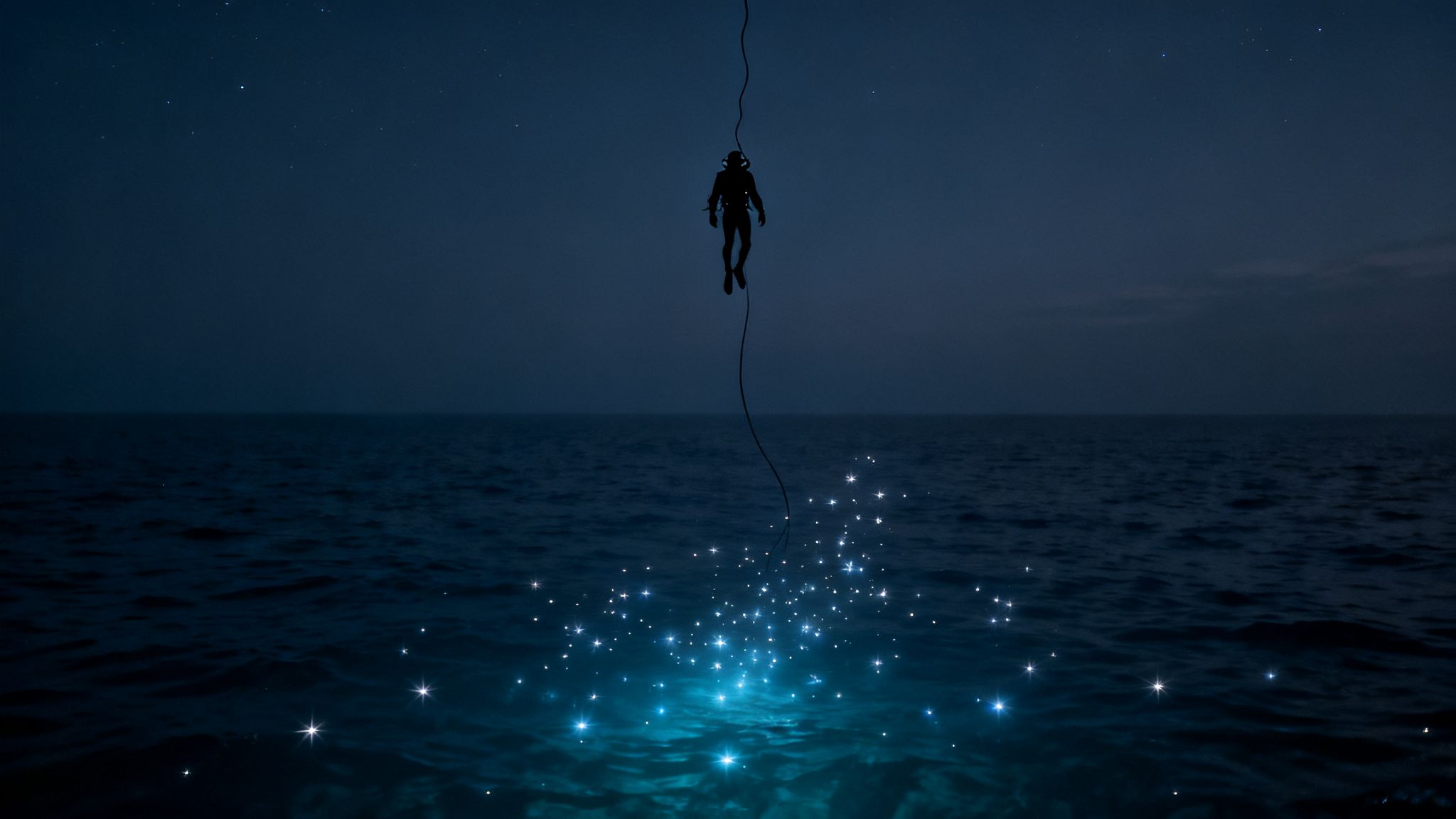 A diver's silhouette is suspended above glowing water, illuminated by sparkling lights under a starry night sky.
