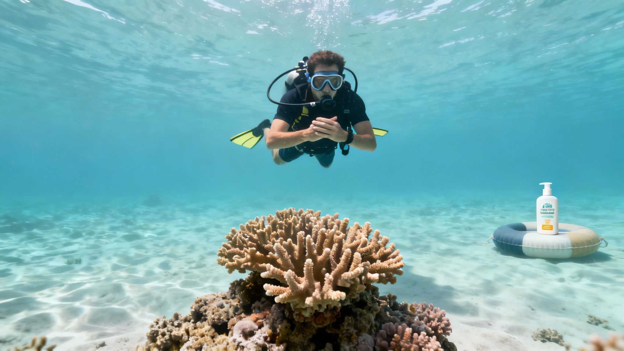 A diver in scuba gear swims above a vibrant coral reef, with a sunscreen bottle floating on a lifebuoy.