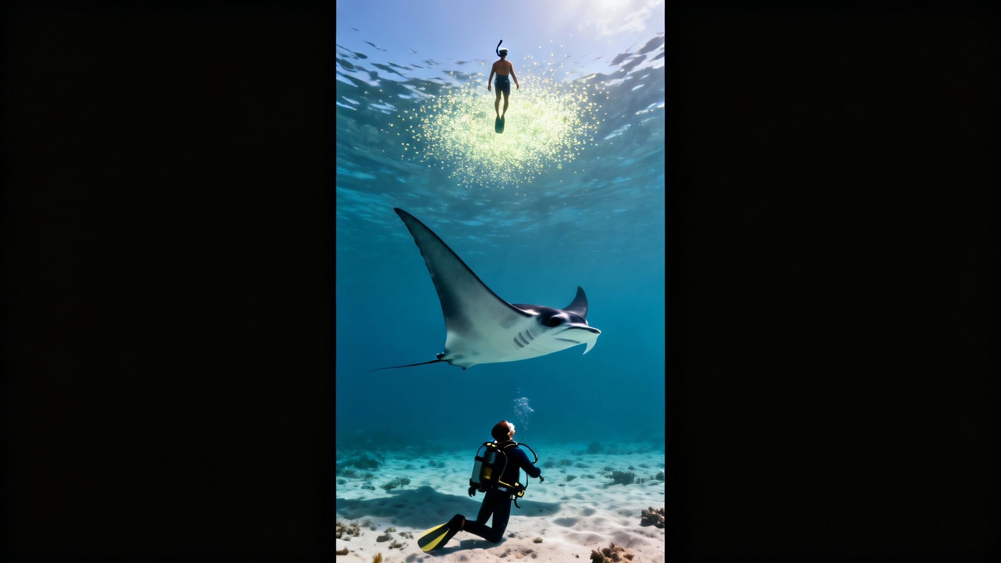 Divers and snorkelers watching manta rays in Kona