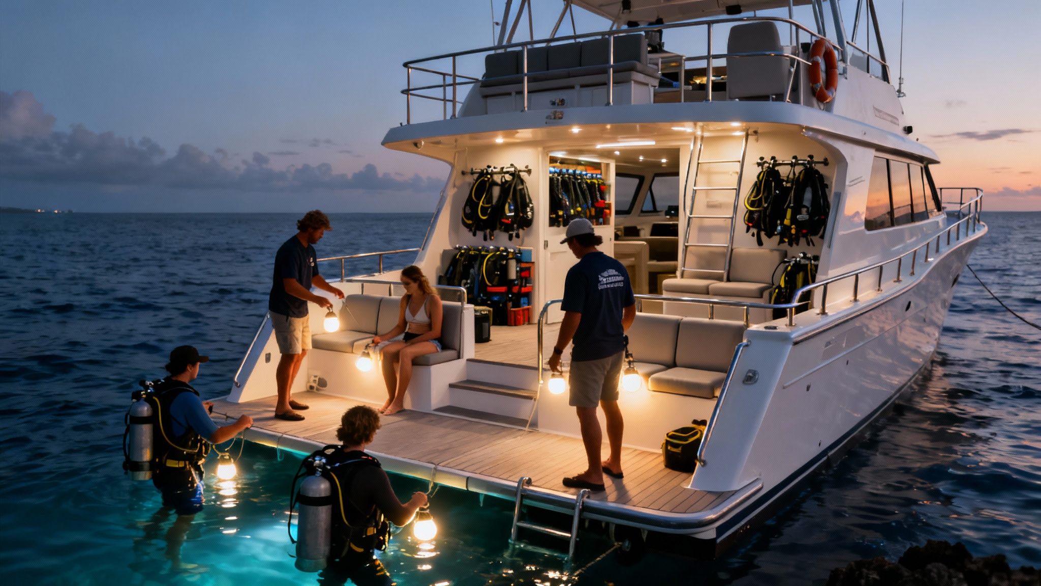 Divers and crew preparing for a night dive from a boat with submersible lights at dusk.