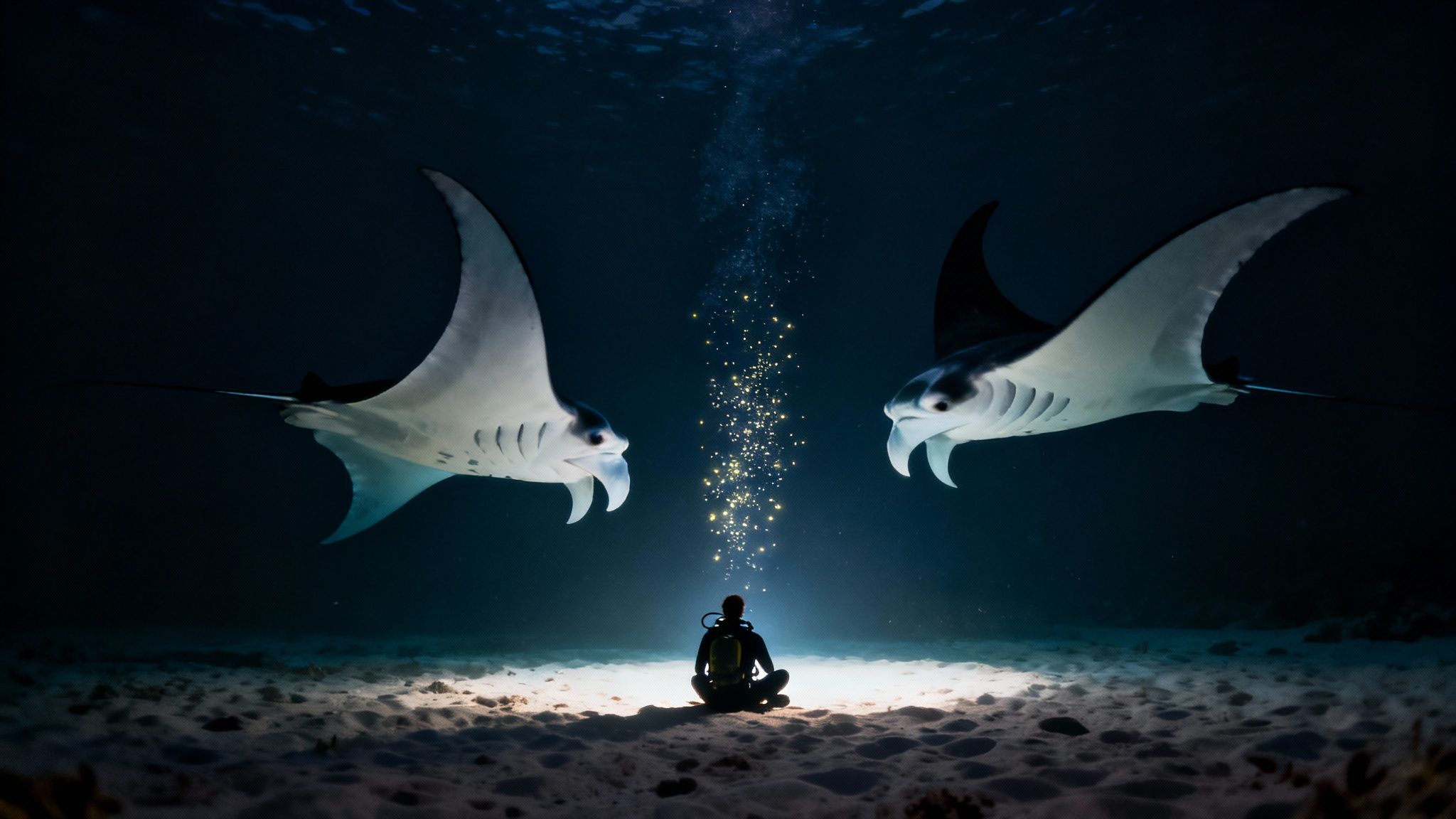 A giant manta ray swims gracefully over scuba divers during a night dive on the Big Island of Hawaii.