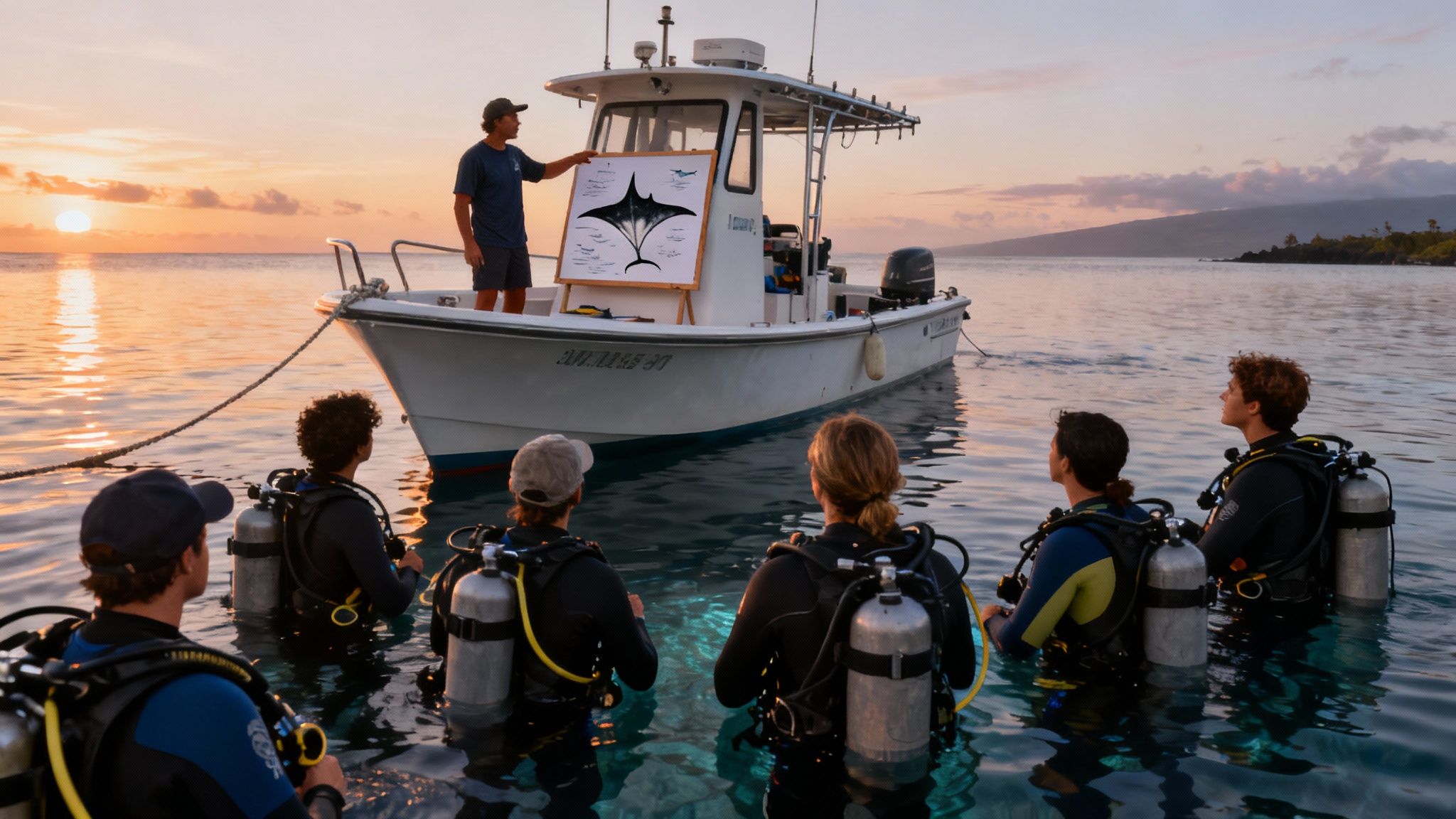 A scuba diver on the seafloor taking a photo of a large manta ray swimming directly overhead.