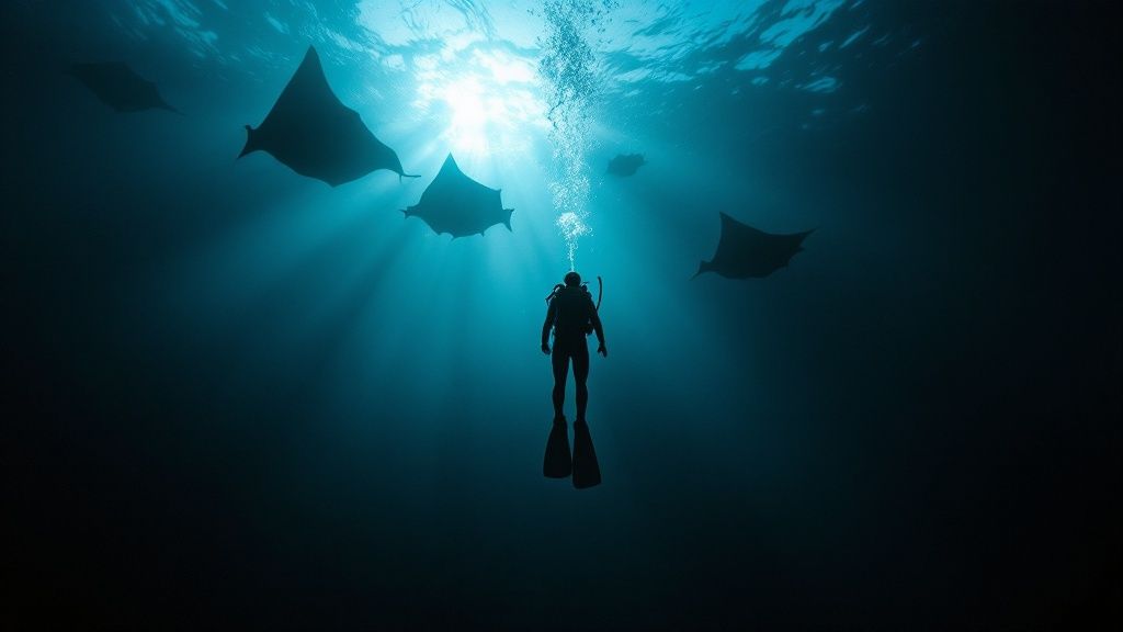 A group of manta rays swimming gracefully during a night dive in Kona.