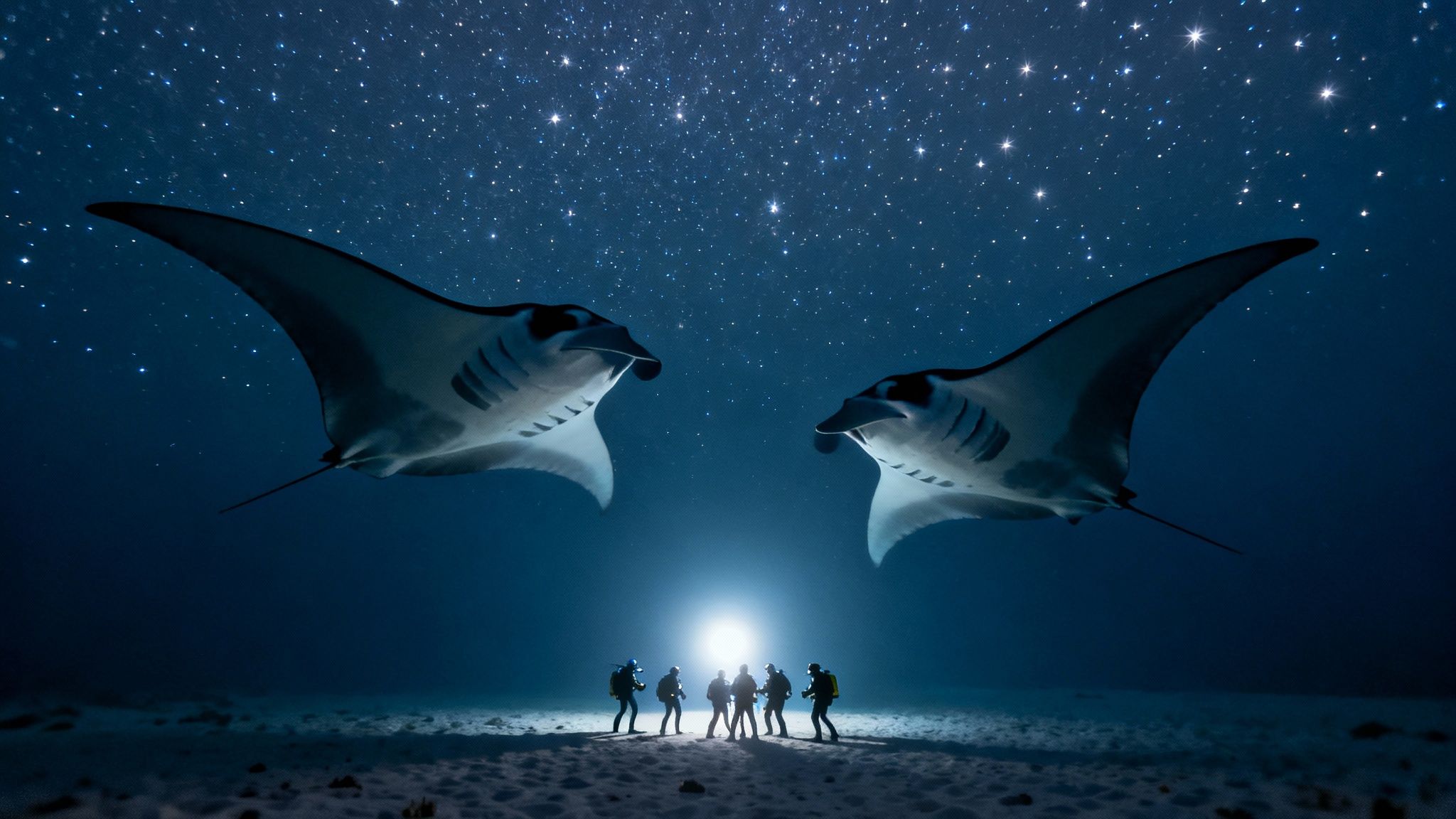 Divers observe two majestic manta rays under a breathtaking starry night sky underwater.