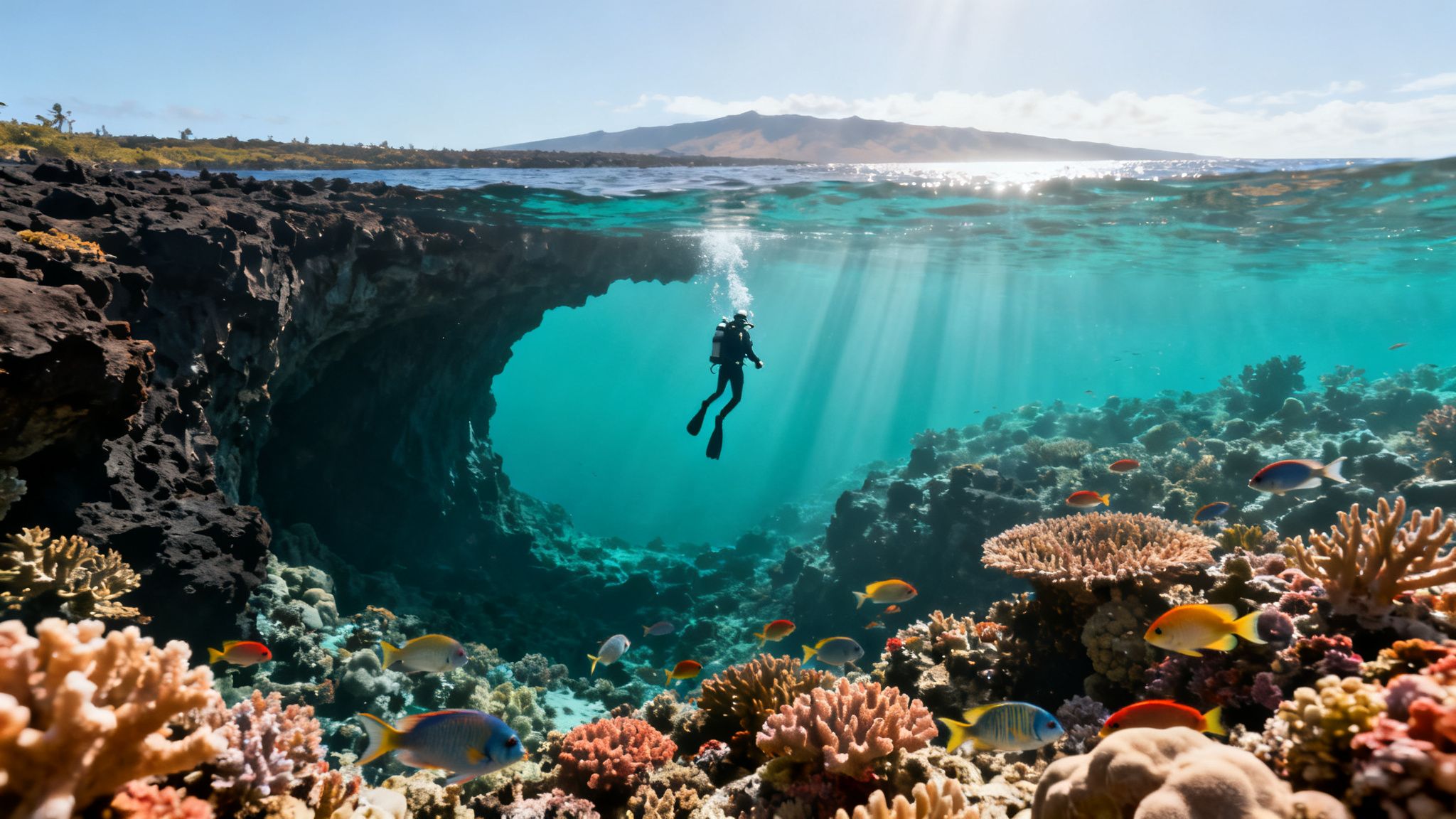 A scuba diver explores a vibrant coral reef with colorful fish and an underwater cave, bathed in sunlight.