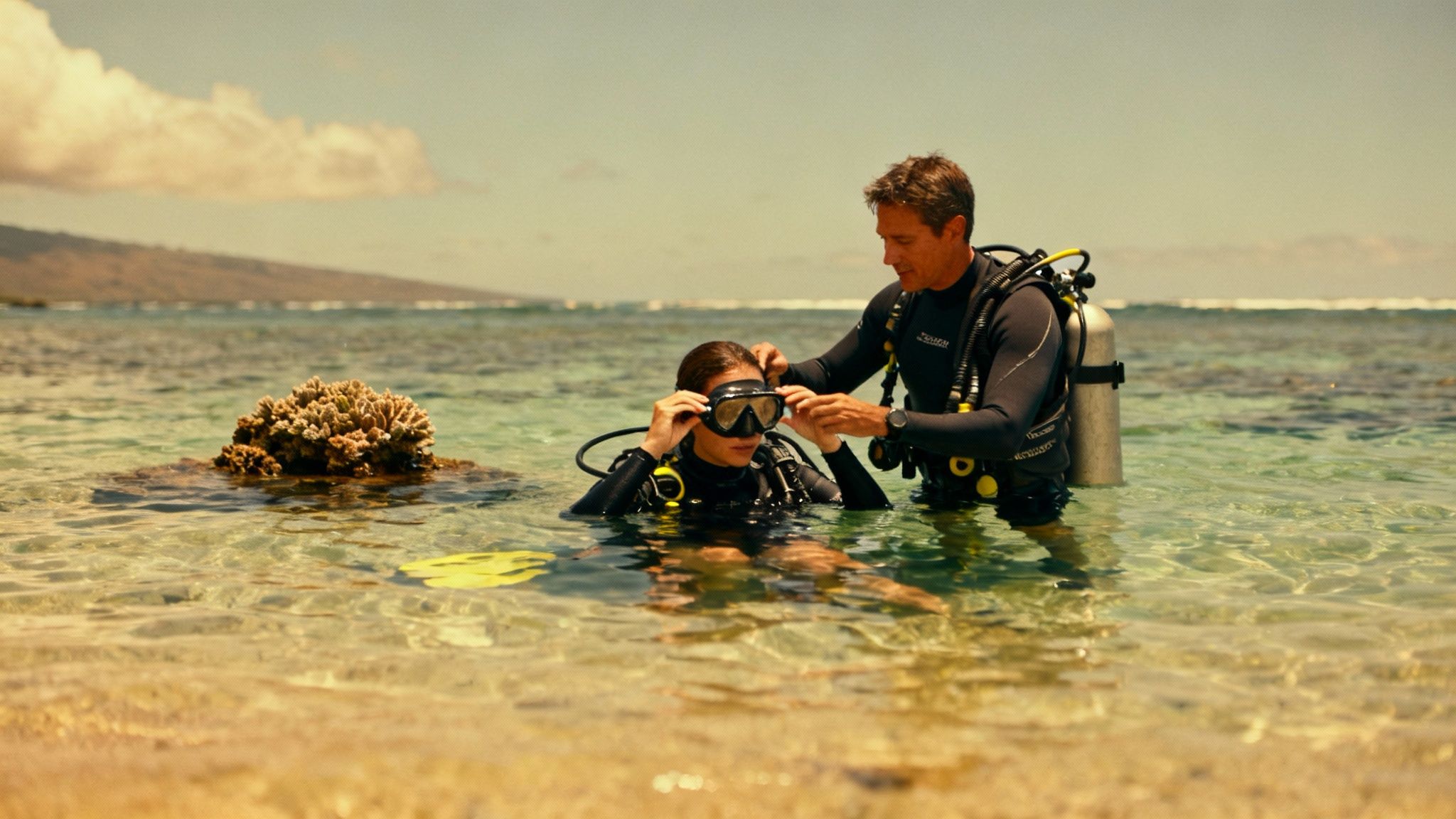 Two scuba divers in shallow ocean water, a man helps a woman adjust her diving mask near a coral reef.