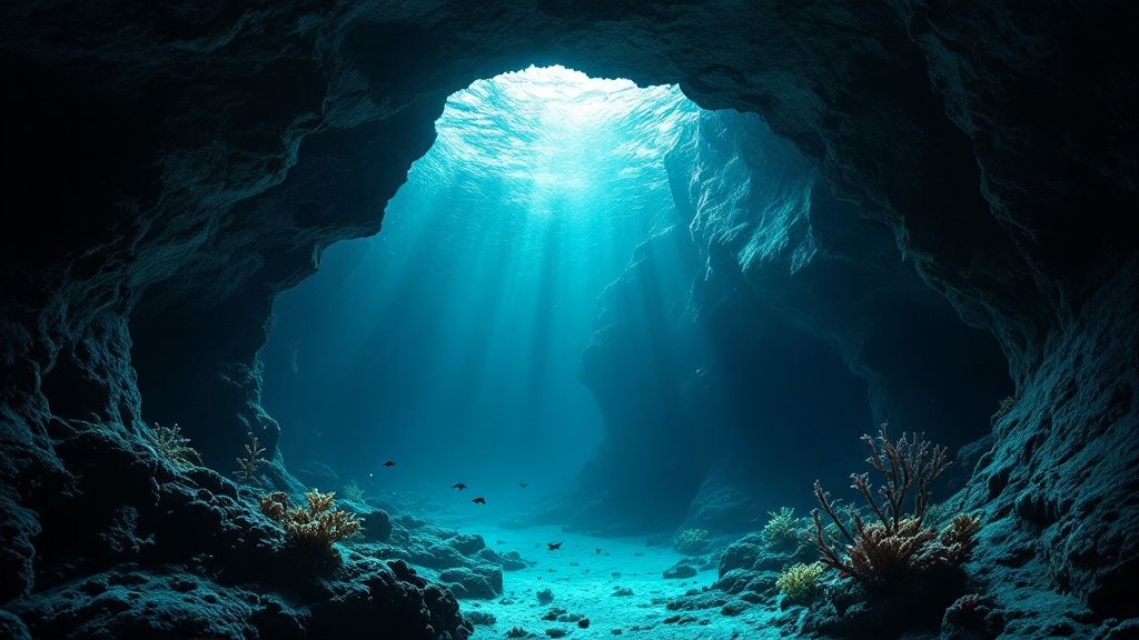 A giant manta ray gracefully glides over a group of scuba divers during the famous Kona night dive.