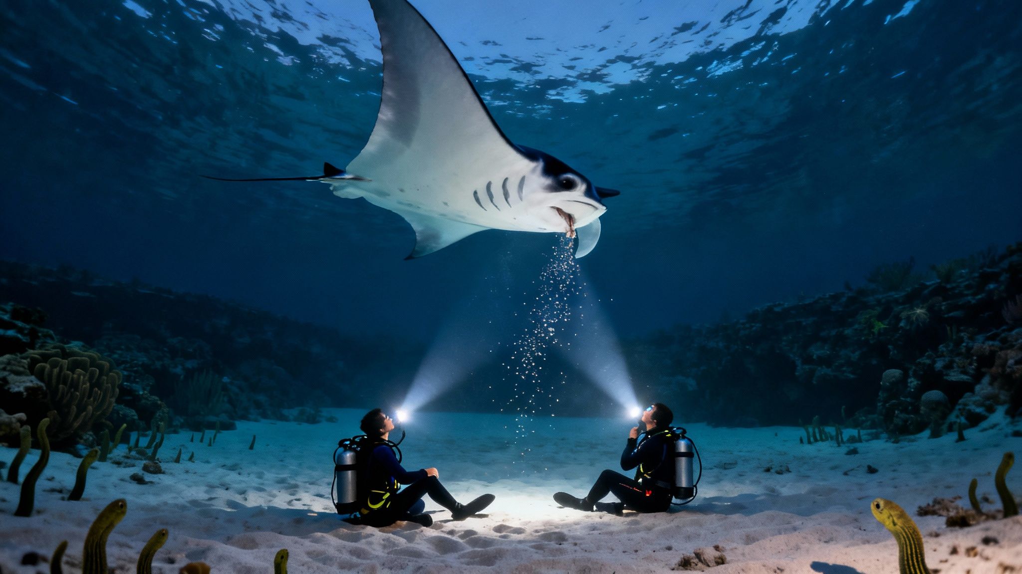 Two divers sit on a sandy ocean floor, illuminating a majestic manta ray feeding above them.