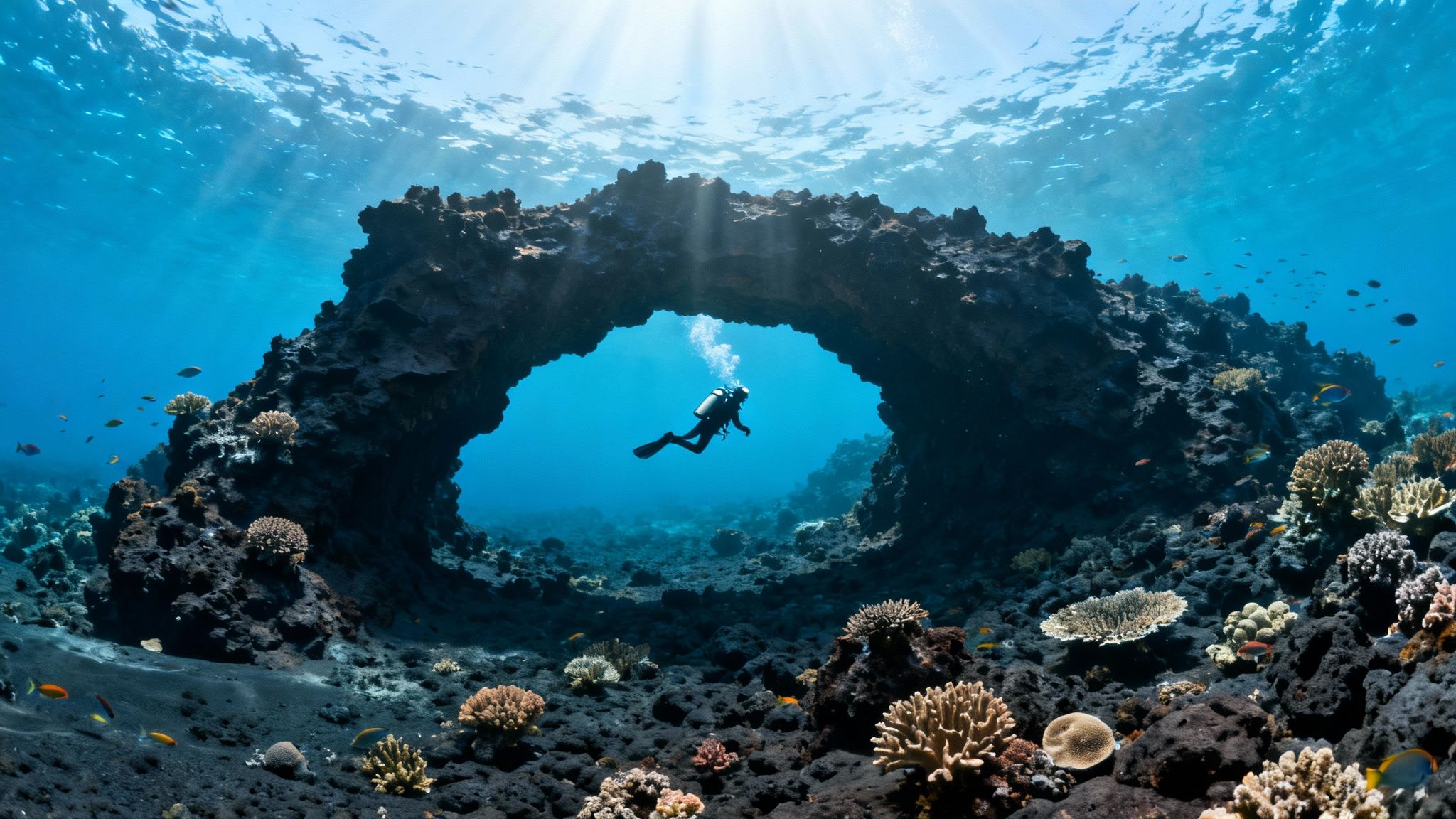A scuba diver explores a vibrant coral reef with clear blue water visibility on the Big Island of Hawaii.
