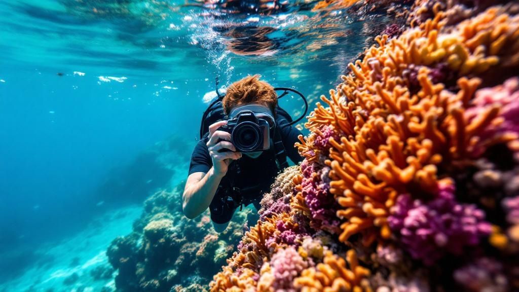 A Kona Honu Divers boat anchored near a beautiful coral reef on the Big Island.