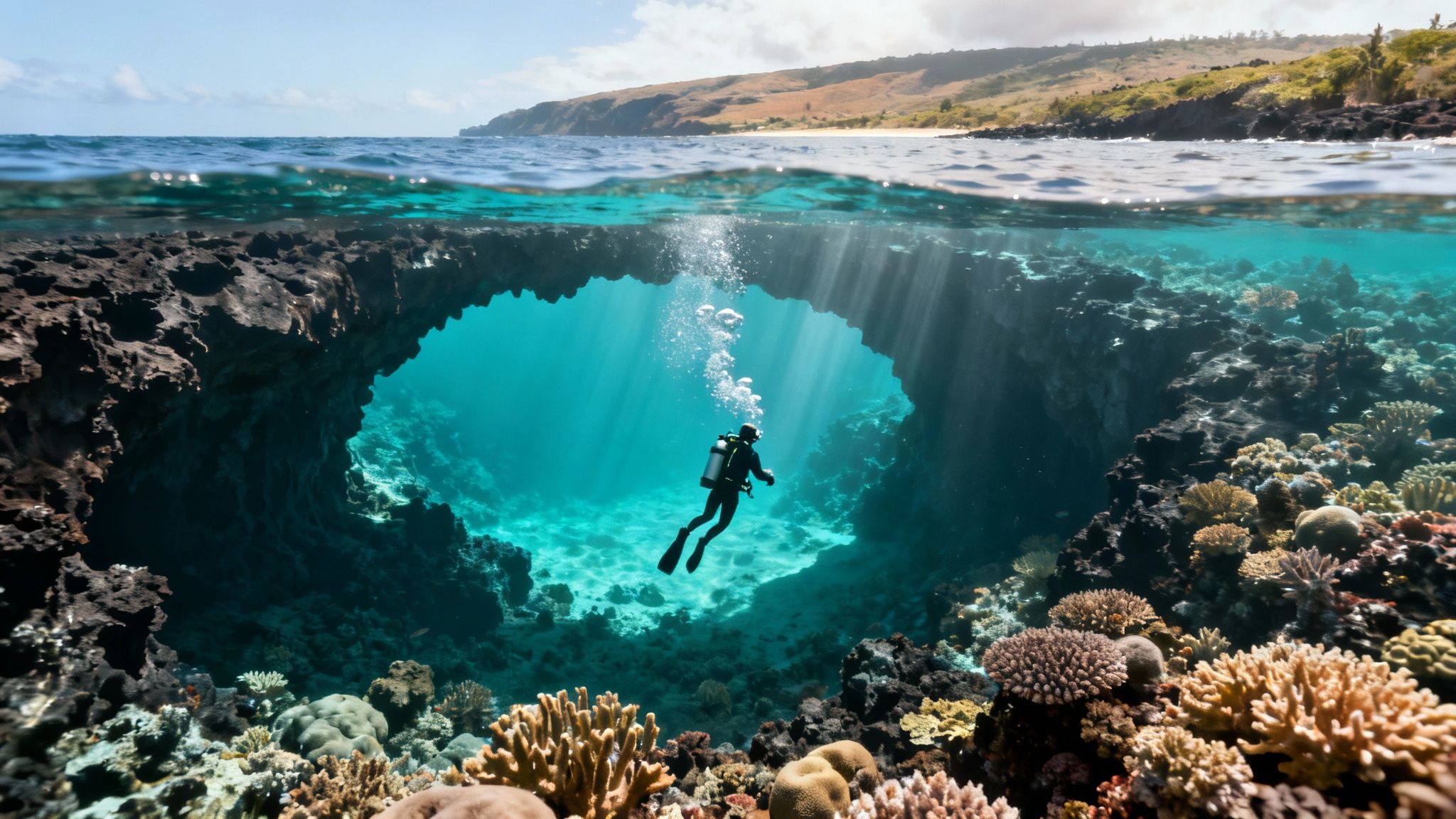 A scuba diver swims through a sunlit underwater cave, revealing a vibrant coral reef and tropical island.