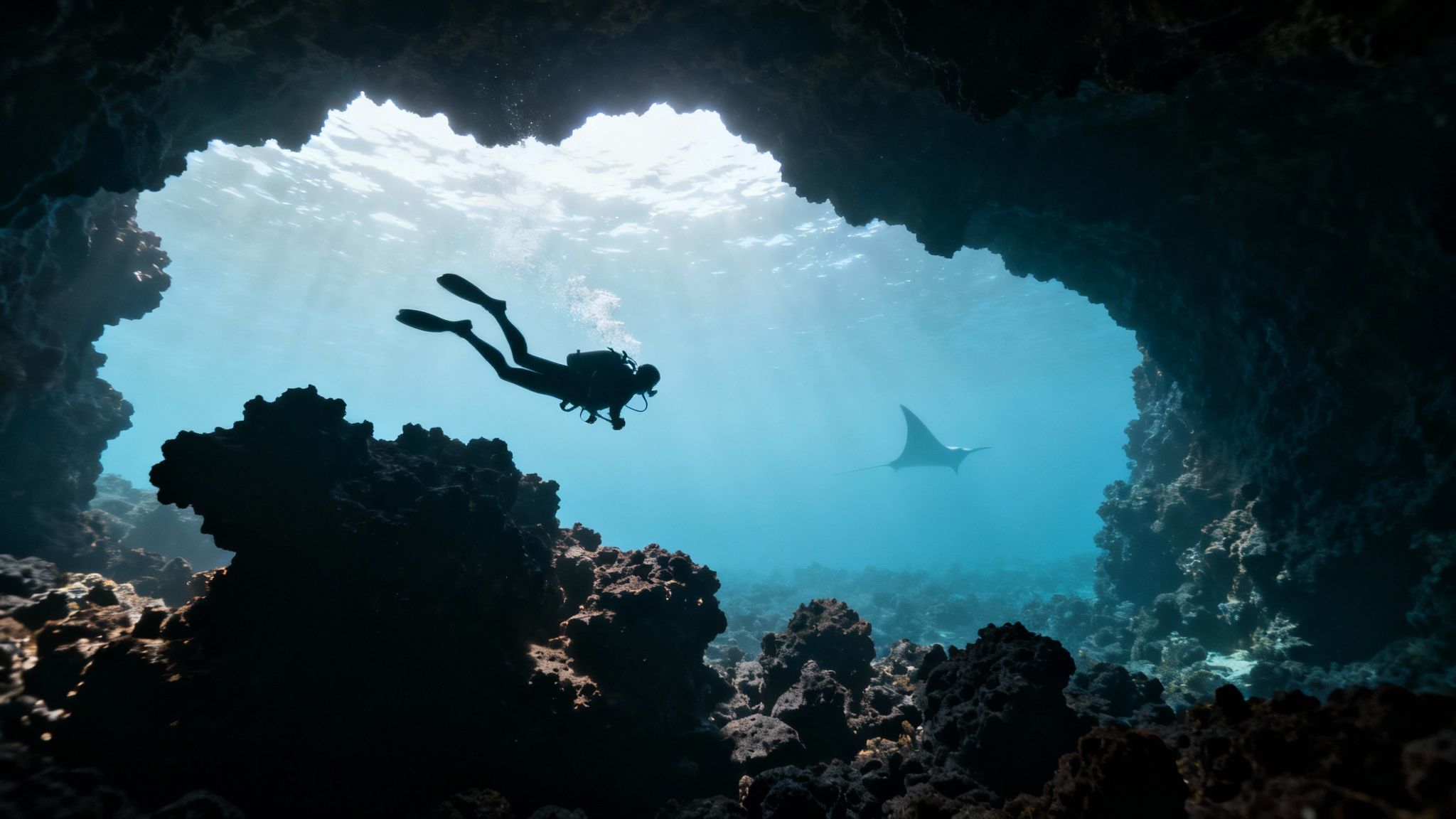 A scuba diver swims gracefully near a large sea turtle in the clear blue waters of Kona, Hawaii.