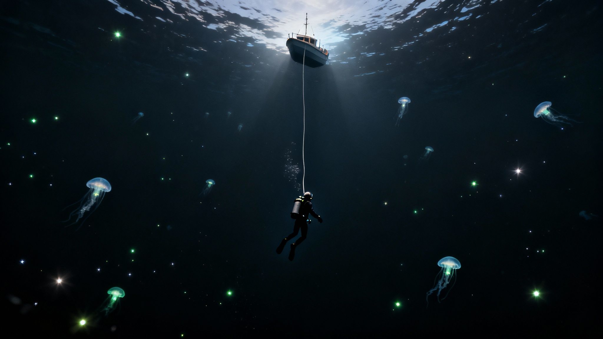 A deep-sea diver hangs from a boat, surrounded by glowing jellyfish and bioluminescent plankton.
