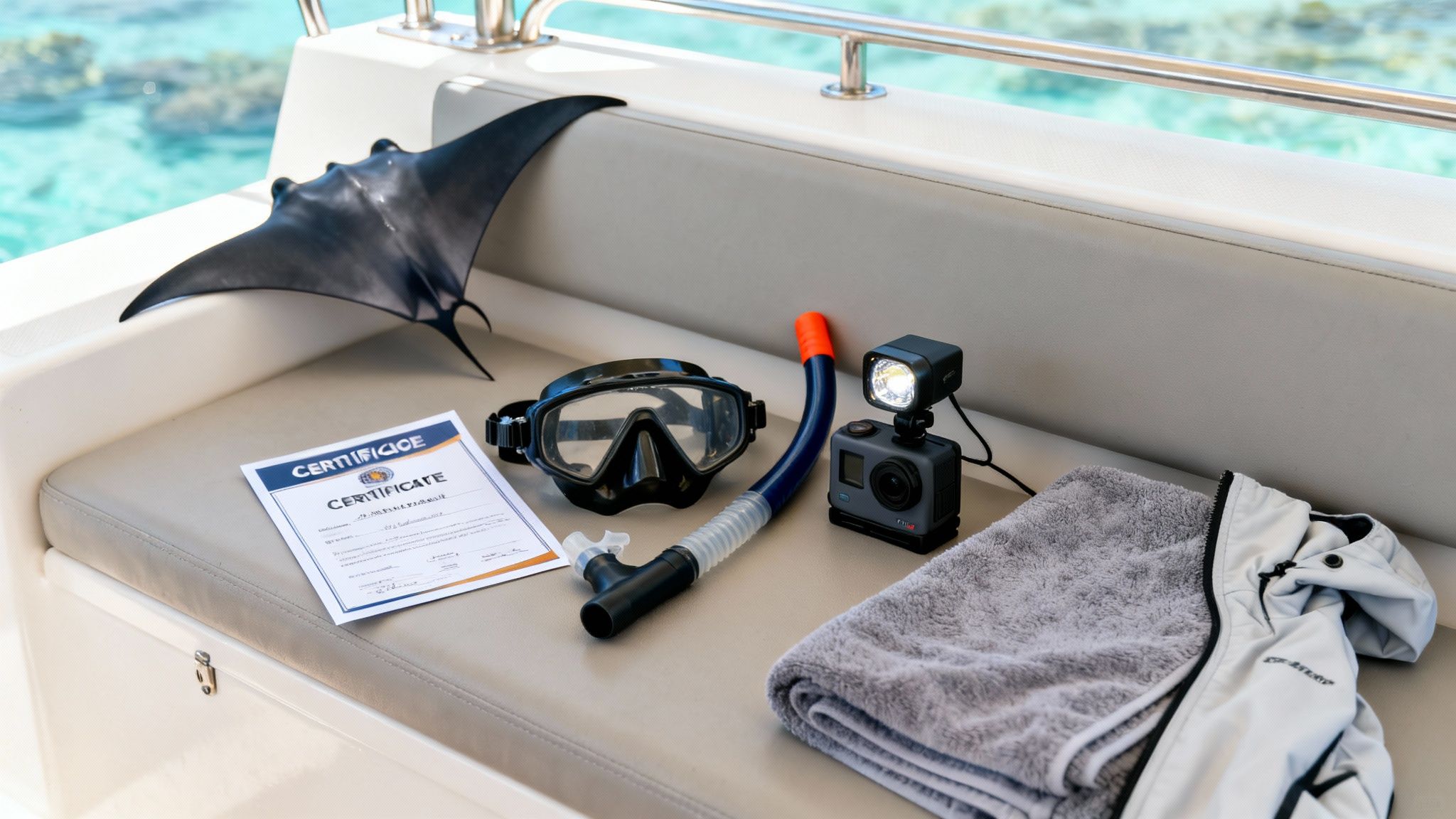 Snorkel gear, action camera, certificate, and manta ray model on a boat seat overlooking clear water.