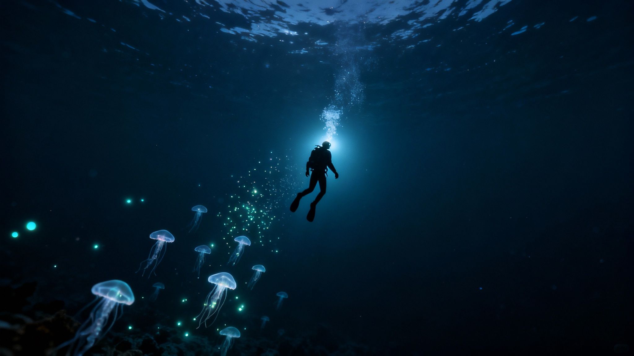 A scuba diver ascends from deep blue water, surrounded by glowing jellyfish and light particles.
