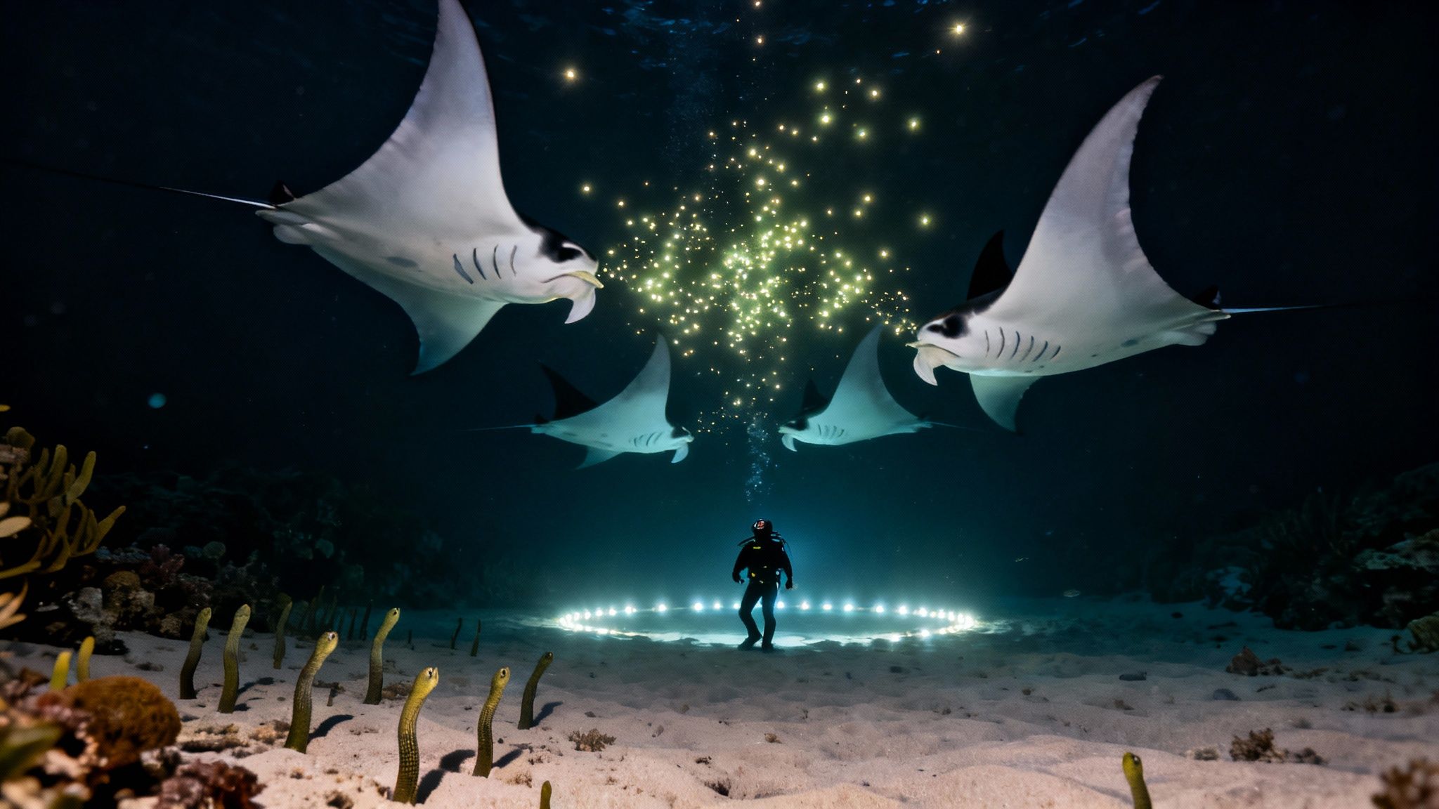 A diver in a luminous ring on the seabed observes four manta rays feeding on glowing plankton underwater.