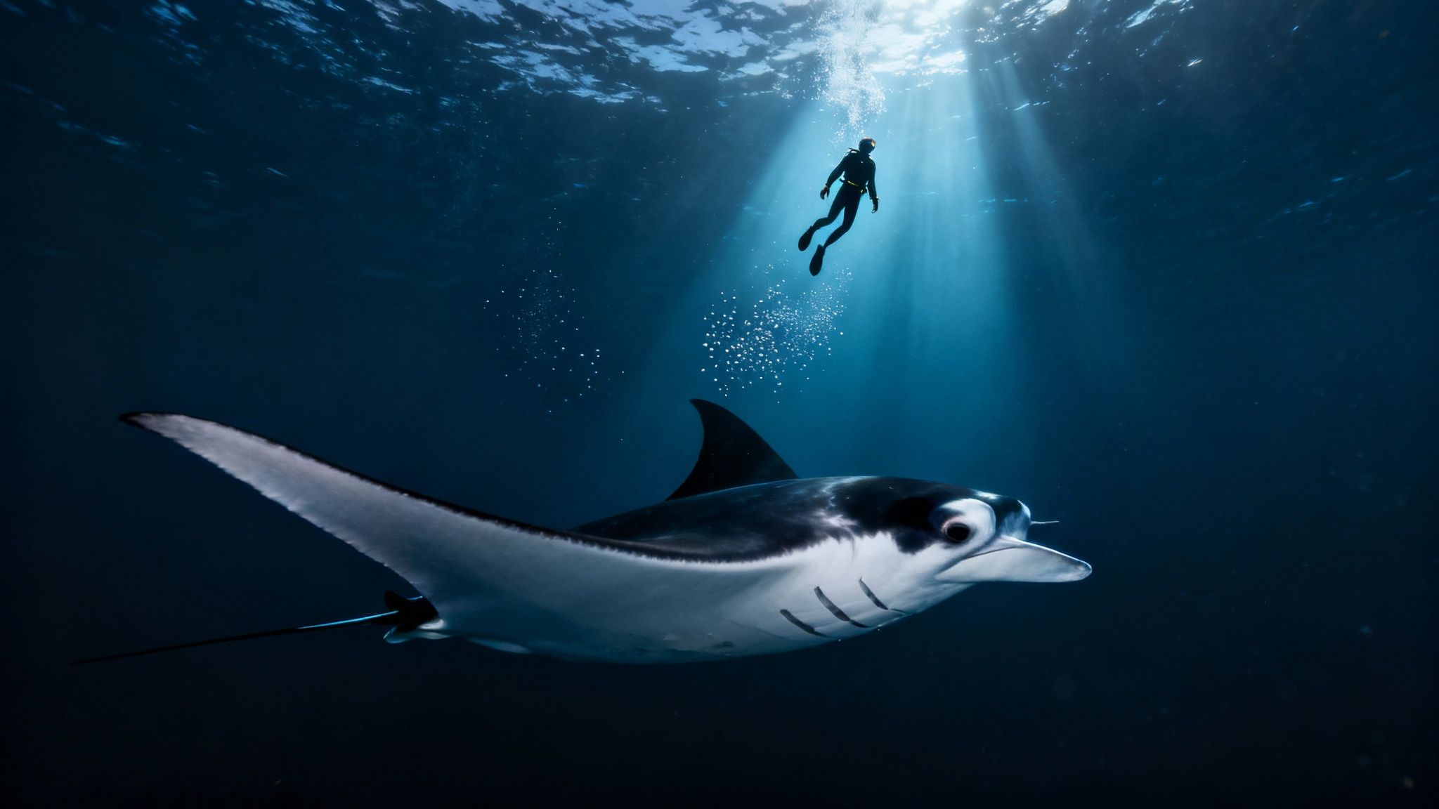 A diver swims gracefully above a majestic manta ray in clear blue ocean water.