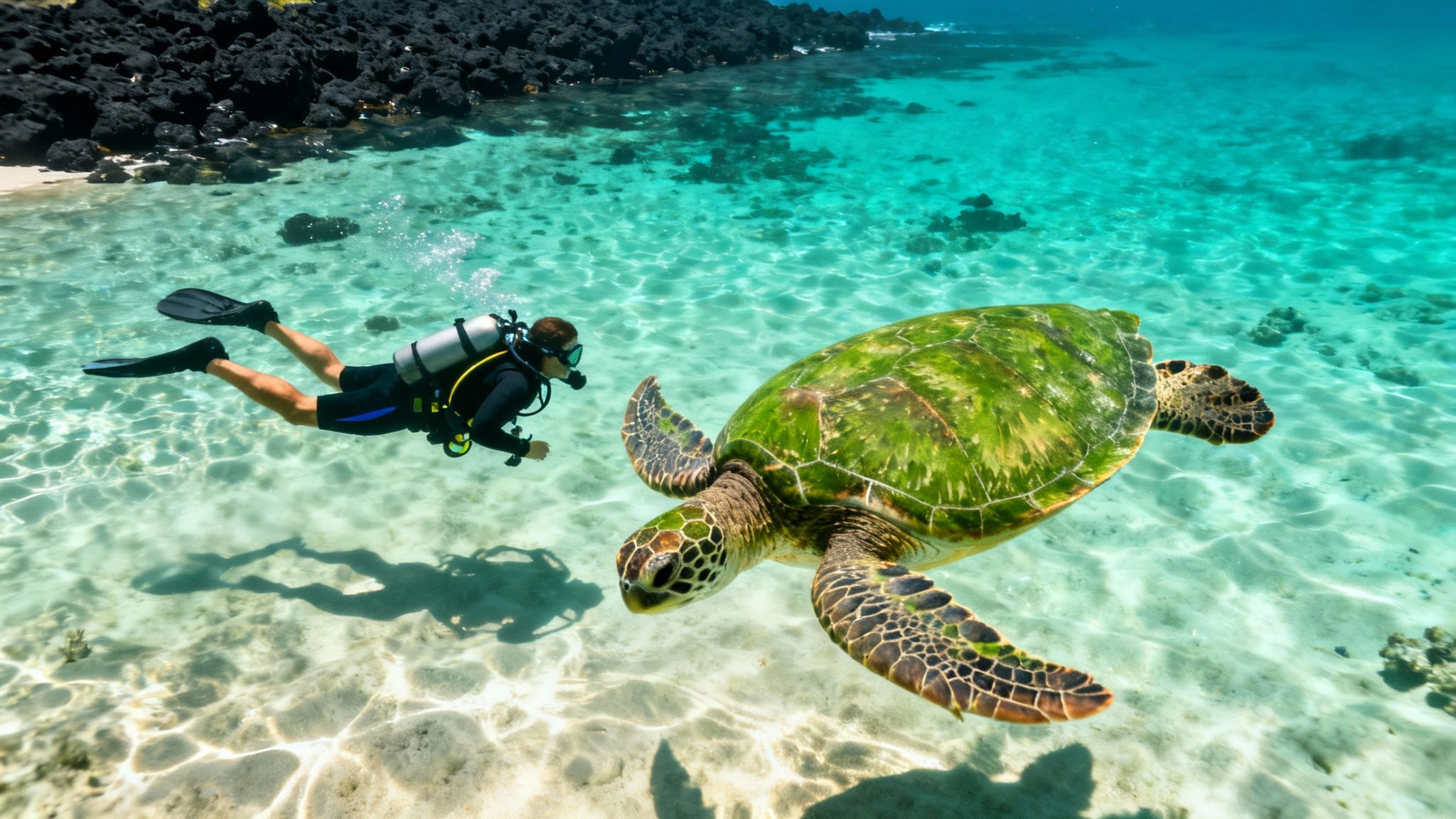 A scuba diver explores clear turquoise waters, swimming alongside a majestic green sea turtle near a rocky shore.