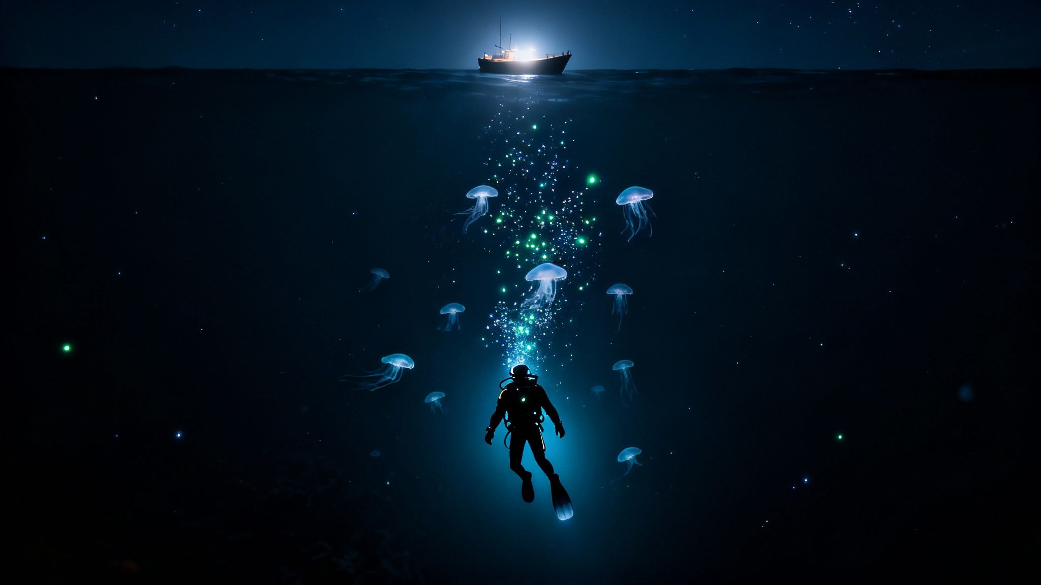 A lone diver explores the dark ocean, illuminated by light and surrounded by glowing marine life.