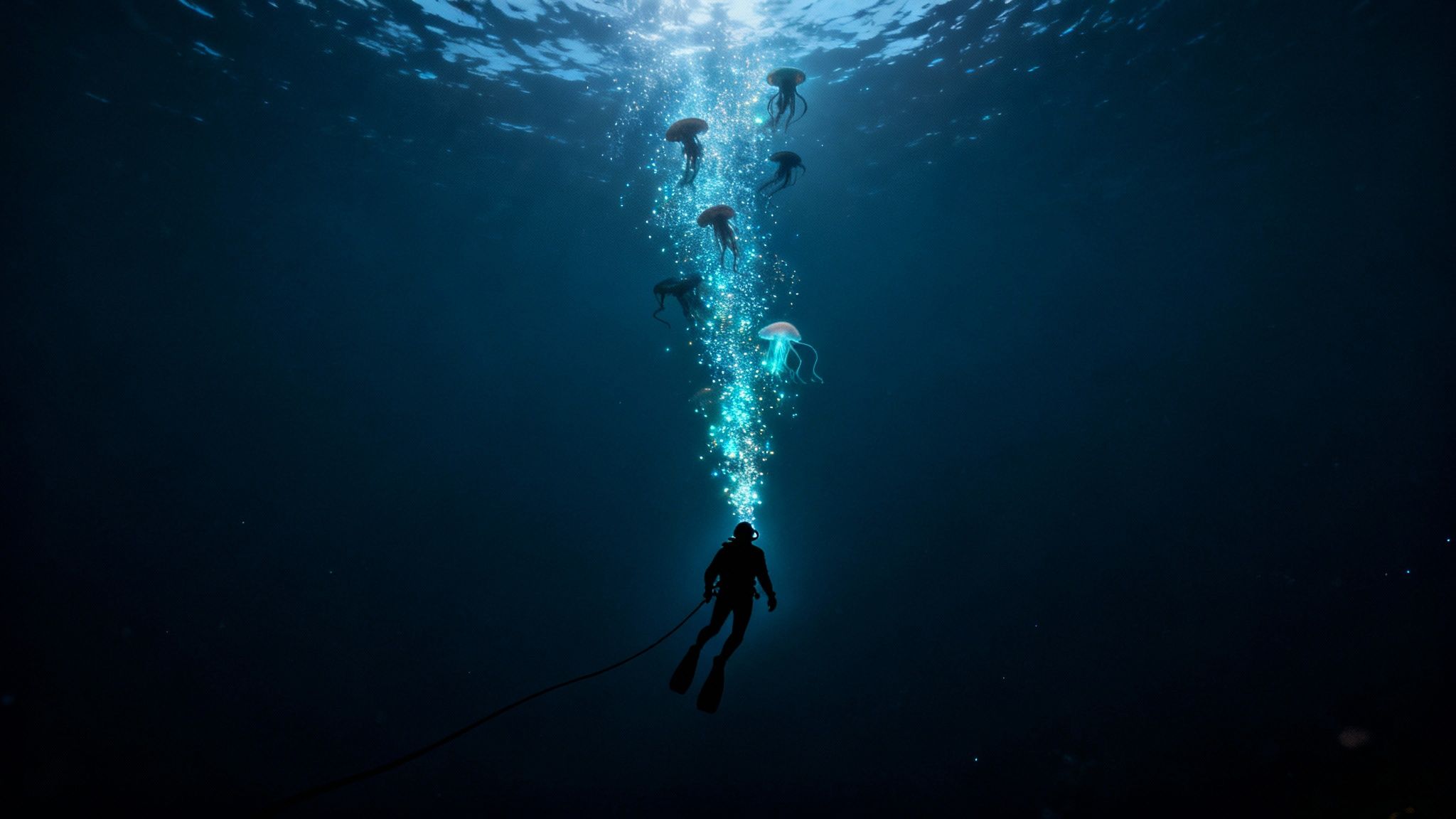 A scuba diver illuminates a strange, bioluminescent creature during a blackwater dive in the deep ocean off the Big Island of Hawaii.