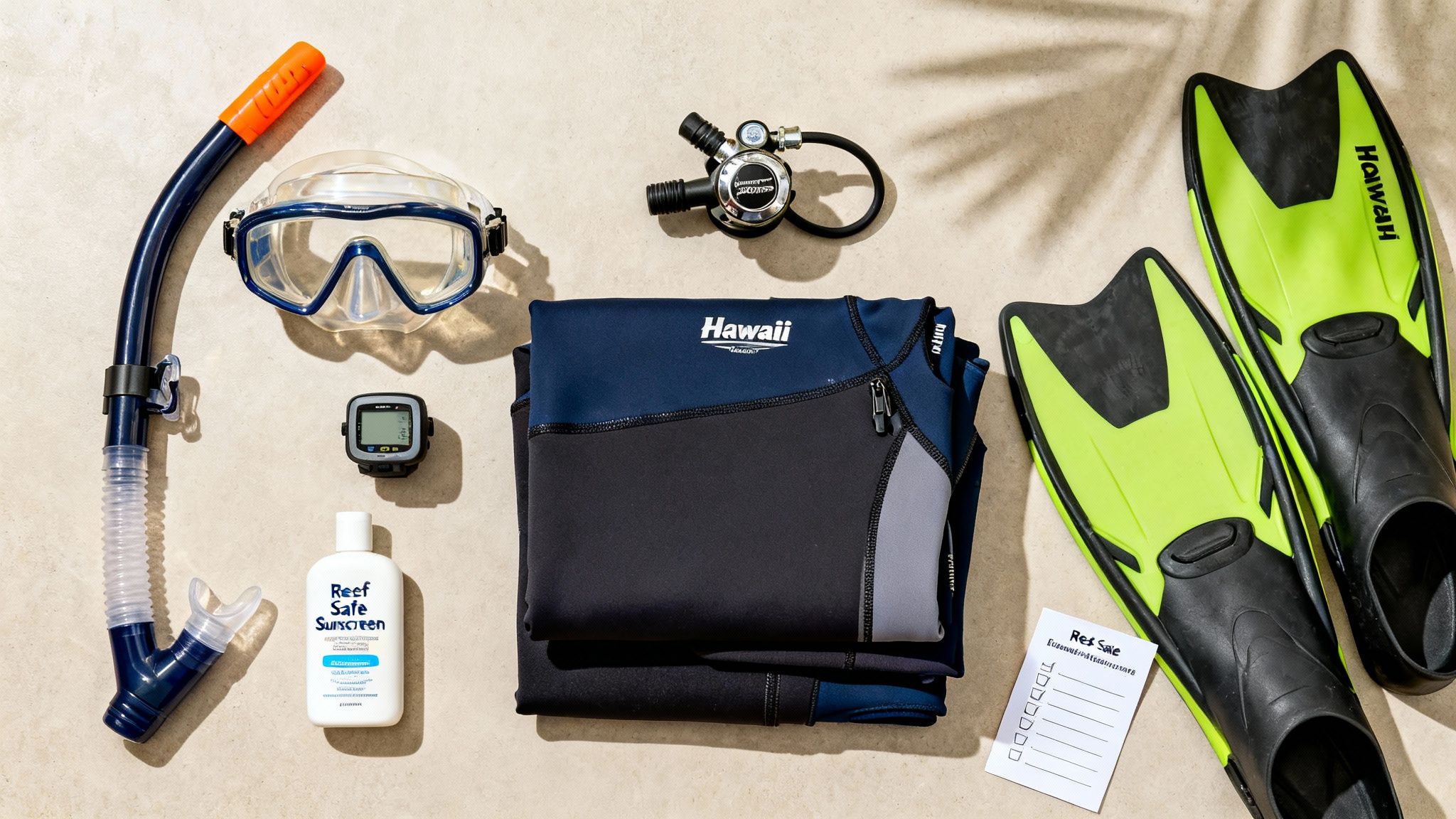 A flat lay of scuba diving and snorkeling gear, including mask, snorkel, fins, wetsuit, and sunscreen.