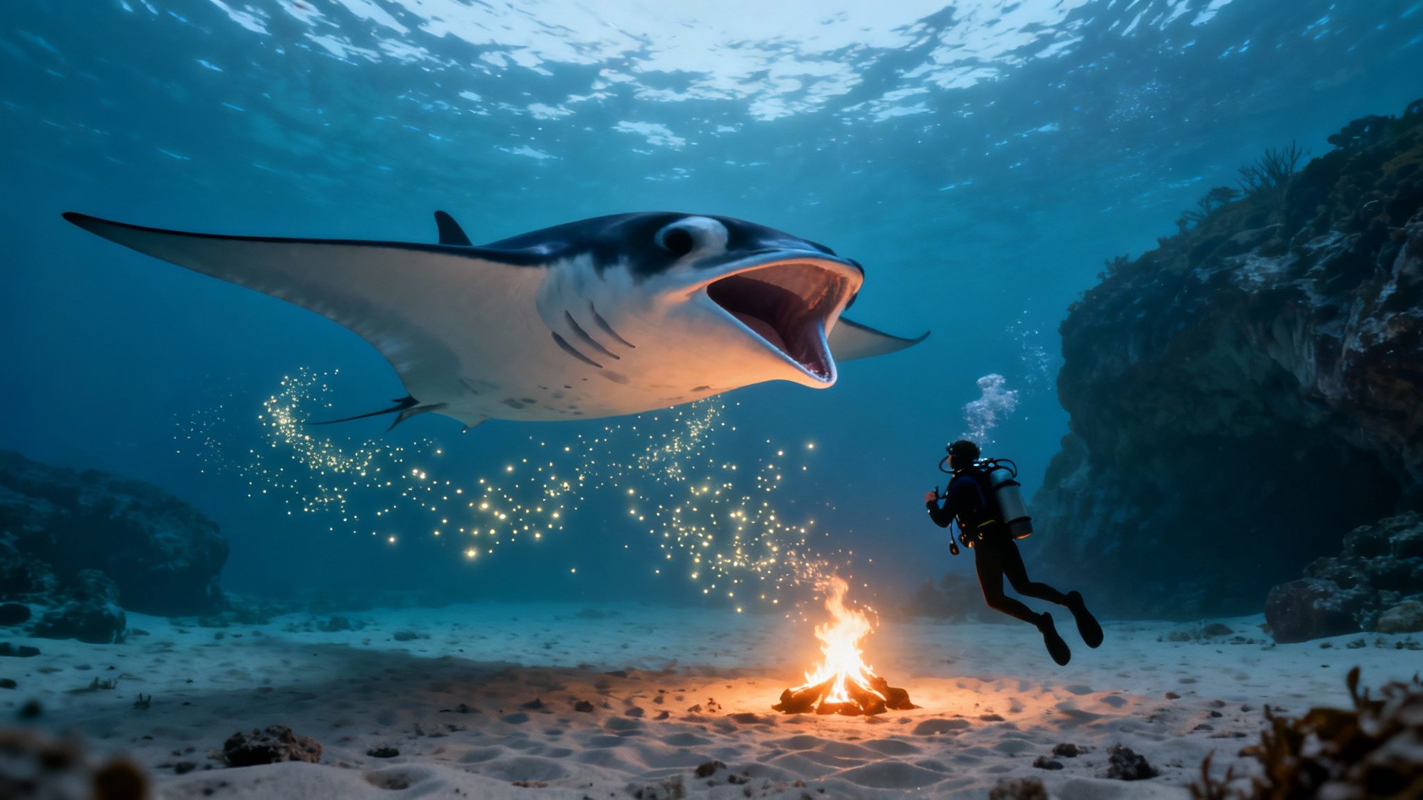 A diver encounters a giant manta ray and a glowing underwater campfire on the sandy seabed.