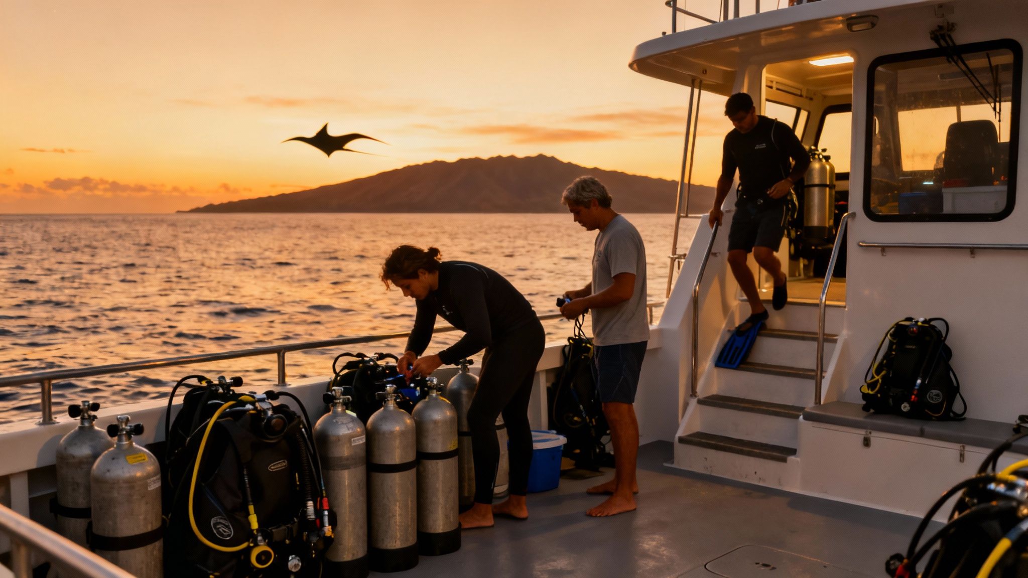 Divers on a boat preparing scuba gear at sunset, with a manta ray silhouette flying in the sky.
