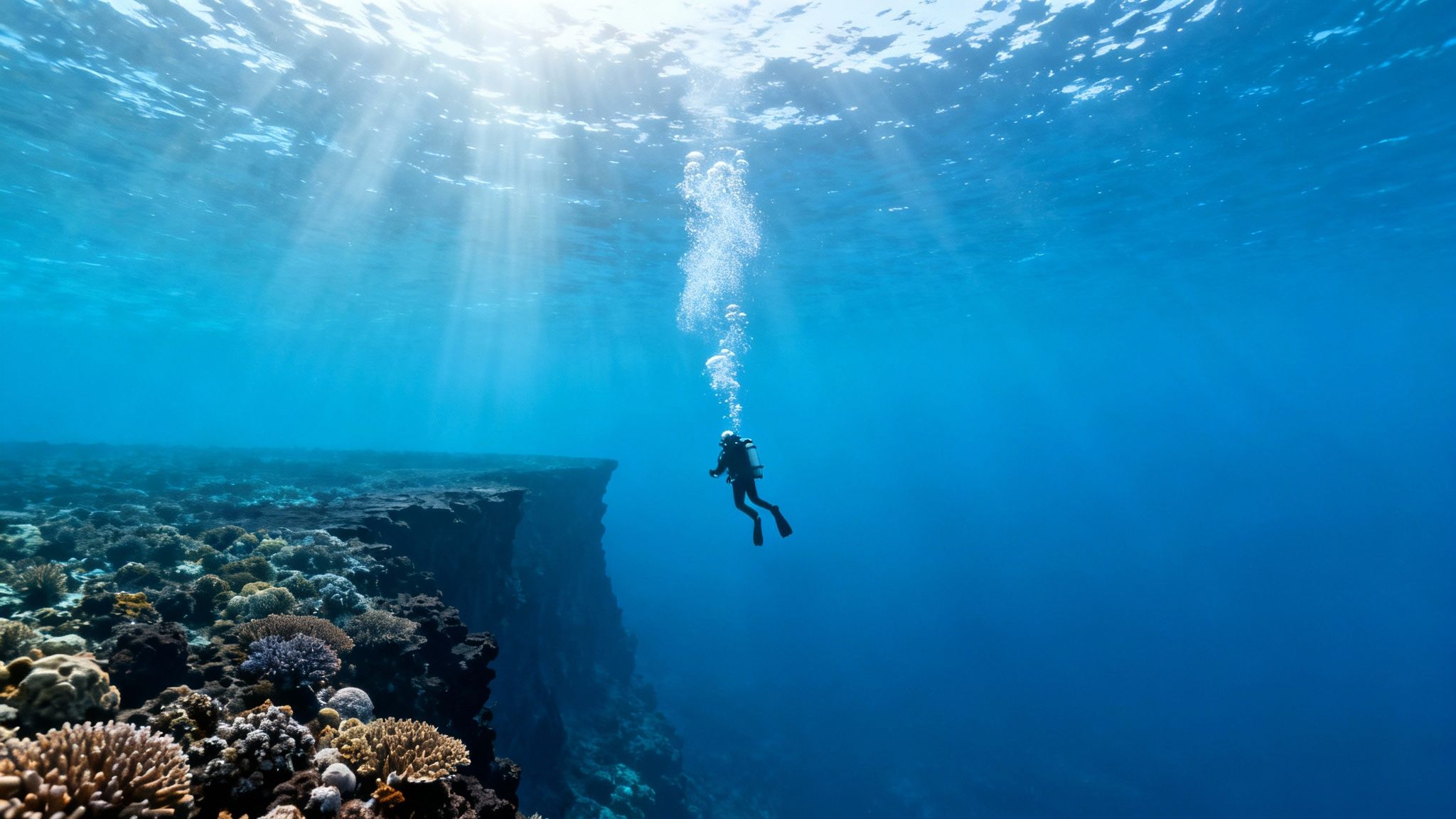 A scuba diver ascends in sunlit blue water, with coral reefs and a deep cliff below.