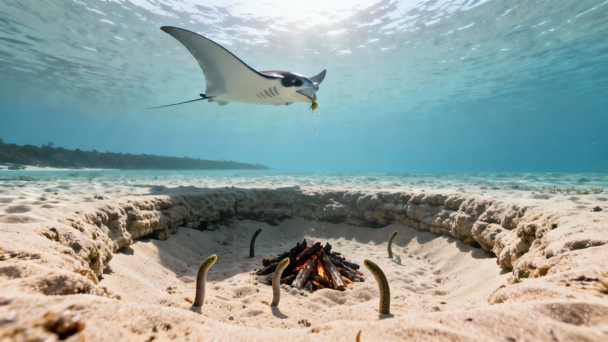 An underwater scene with a manta ray eating above a sandy seafloor with a campfire surrounded by garden eels.