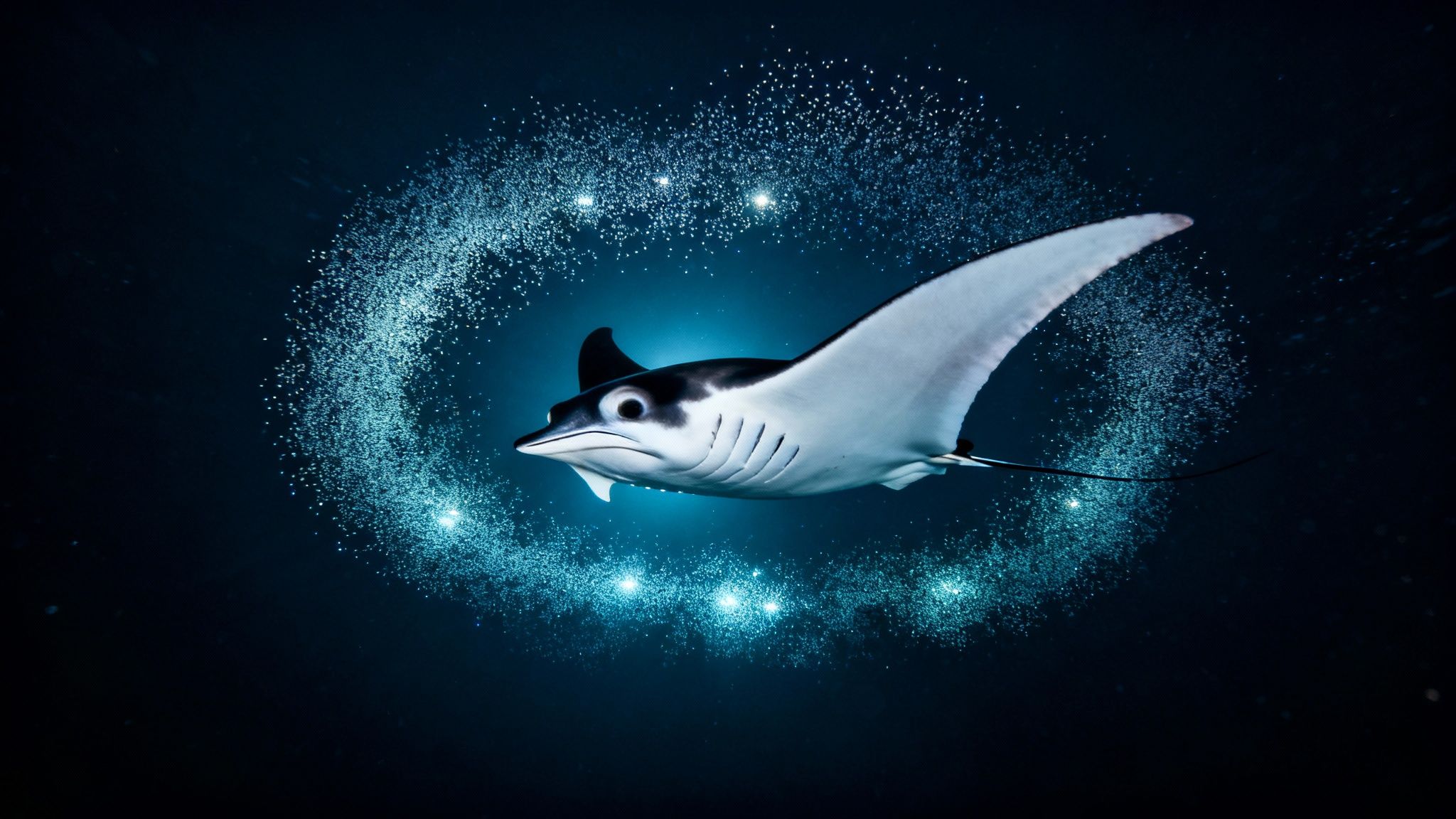 A majestic manta ray gracefully glides through deep blue waters, encircled by shimmering bubbles.