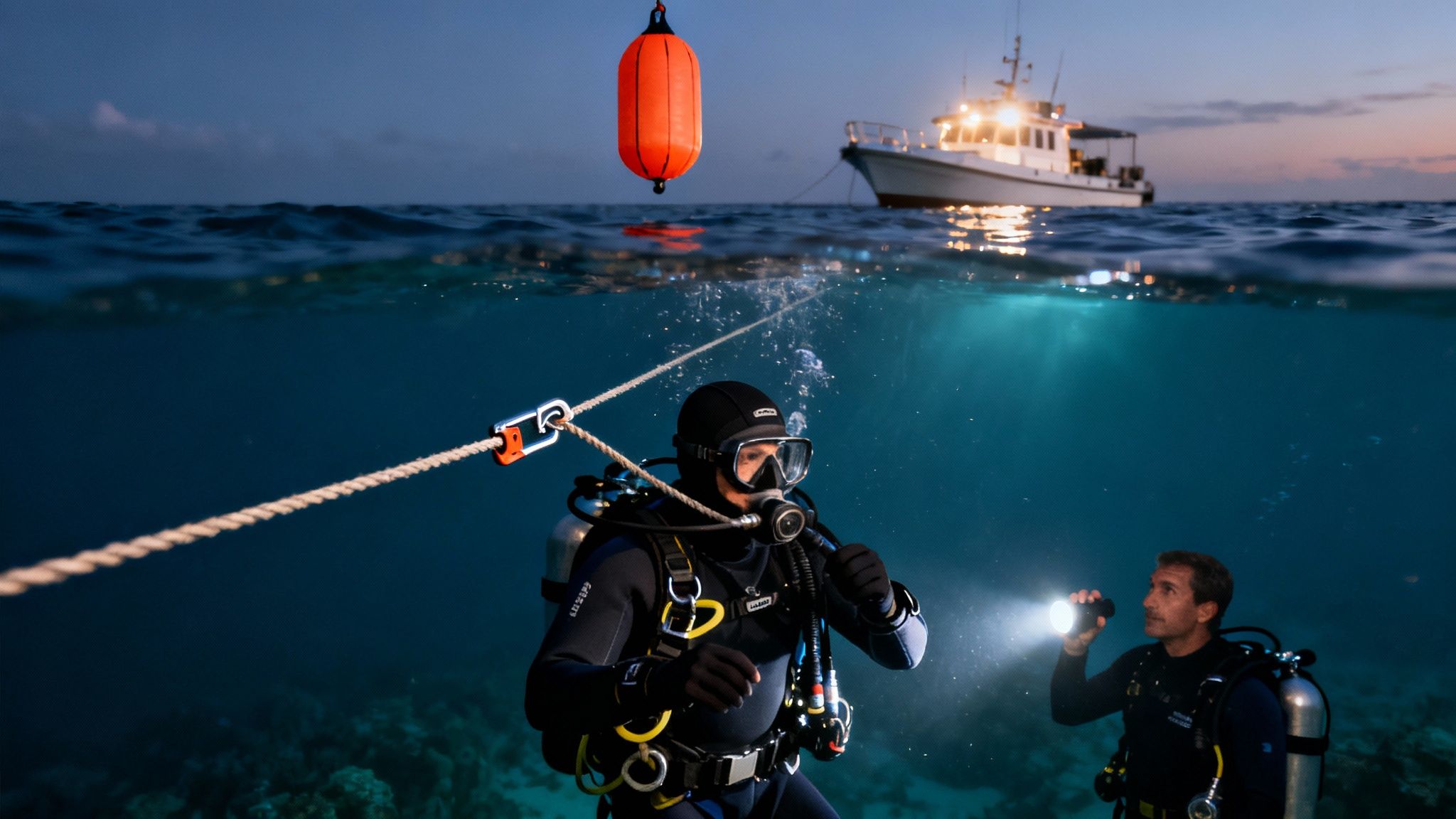 A split image shows two divers below water at dusk, with a boat and buoy visible above the surface.