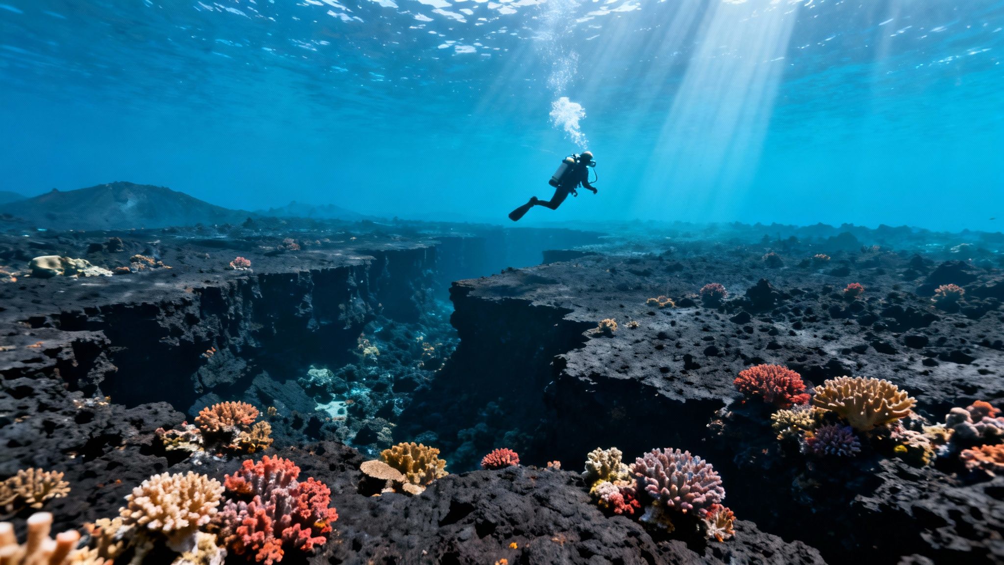 Scuba diver exploring vibrant coral reef formations with colorful corals in crystal clear tropical waters