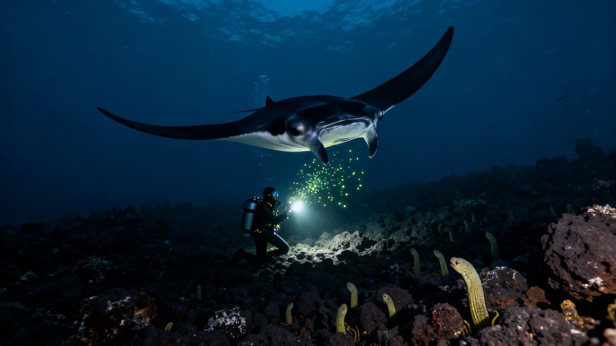 A majestic manta ray glides through the water at night, illuminated by divers' lights.