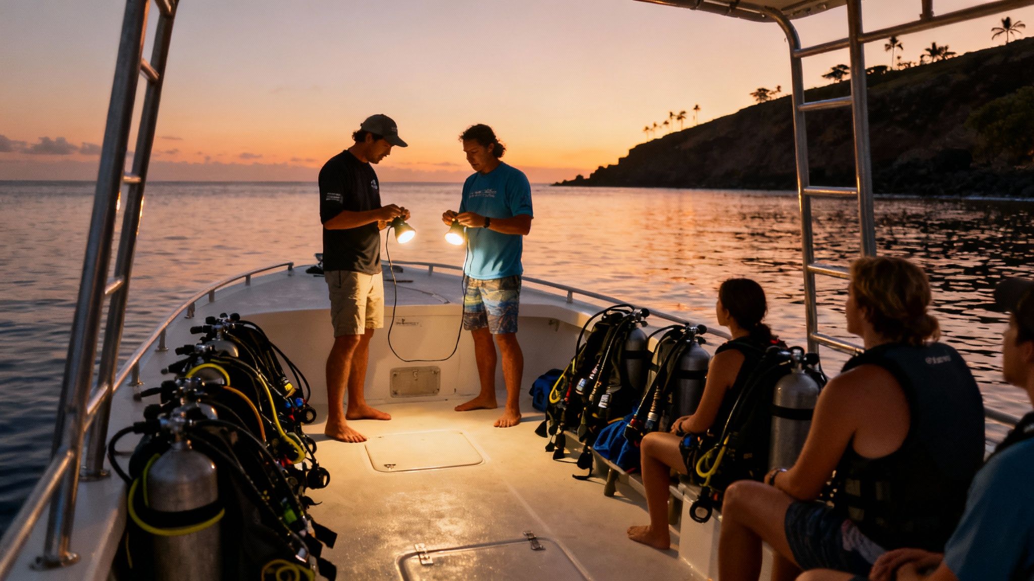 A responsible diver observing a manta ray from a safe distance during a night dive in Kona.